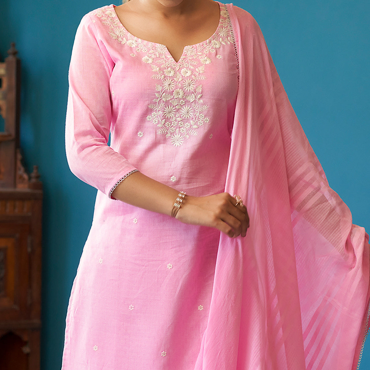 Peachmode Seller Gajari Pink Floral Embroidered Pure Cotton Suit - view 2