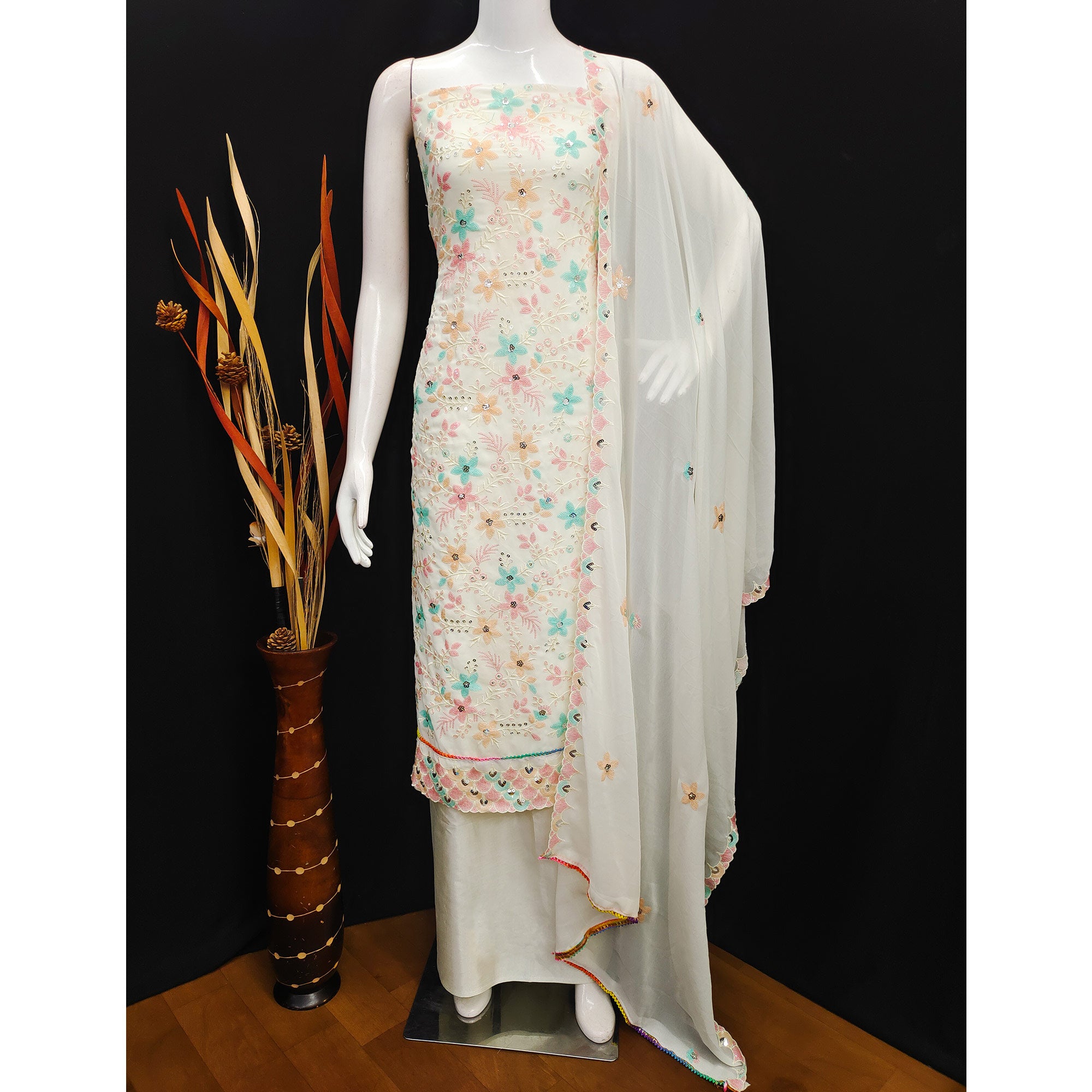 Peachmode Cream Floral Sequins Embroidered Georgette Dress Material - view 3