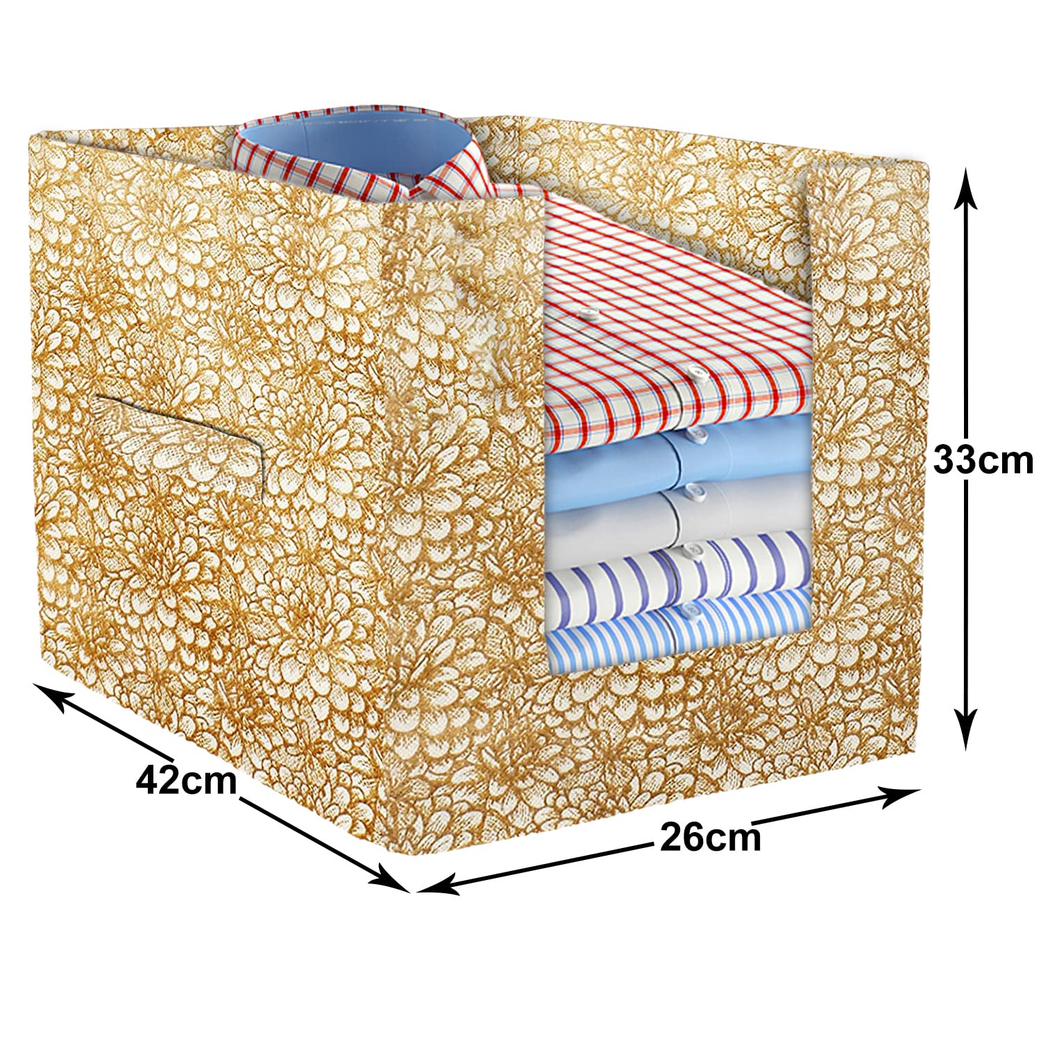 Heart Home Non-Woven Flower Print Foldable Shirt Stacker/Wardrobe Organizer For Shirts, Sarees, Lehengas With Handle Pack of 6 (Beige) - view 5