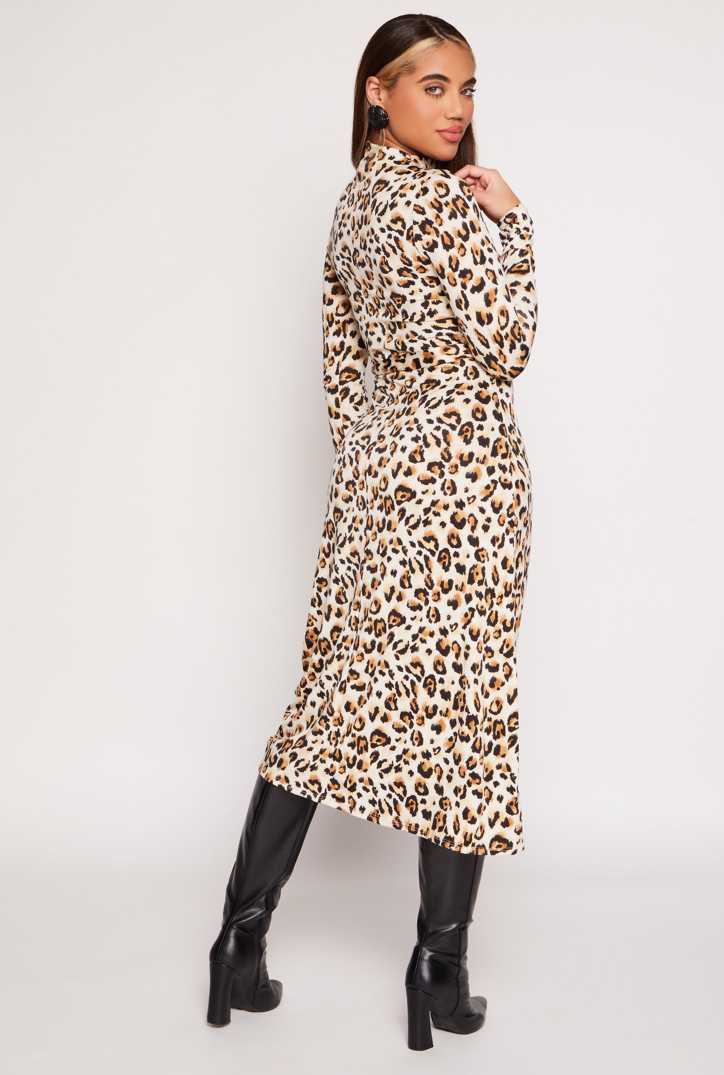 Rainbow Shops Leopard Print Tie Waist Belted Midi Dress - view 3