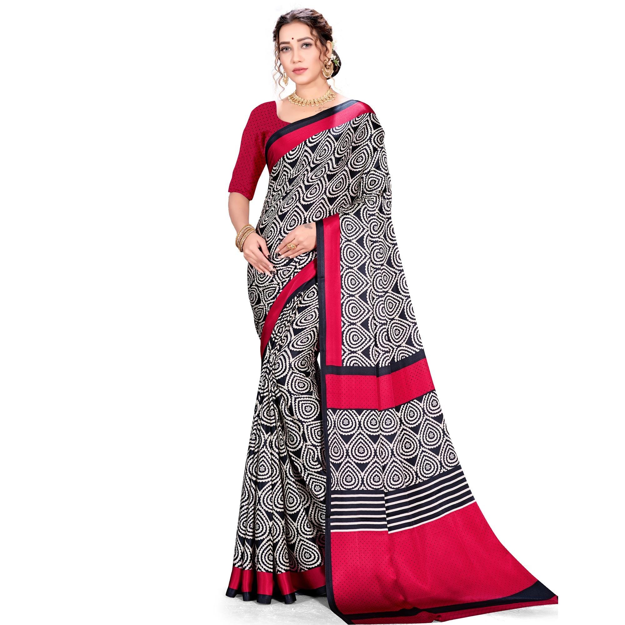 Peachmode Ideal Red-Black Colored Festive Wear Printed Satin Crepe Saree