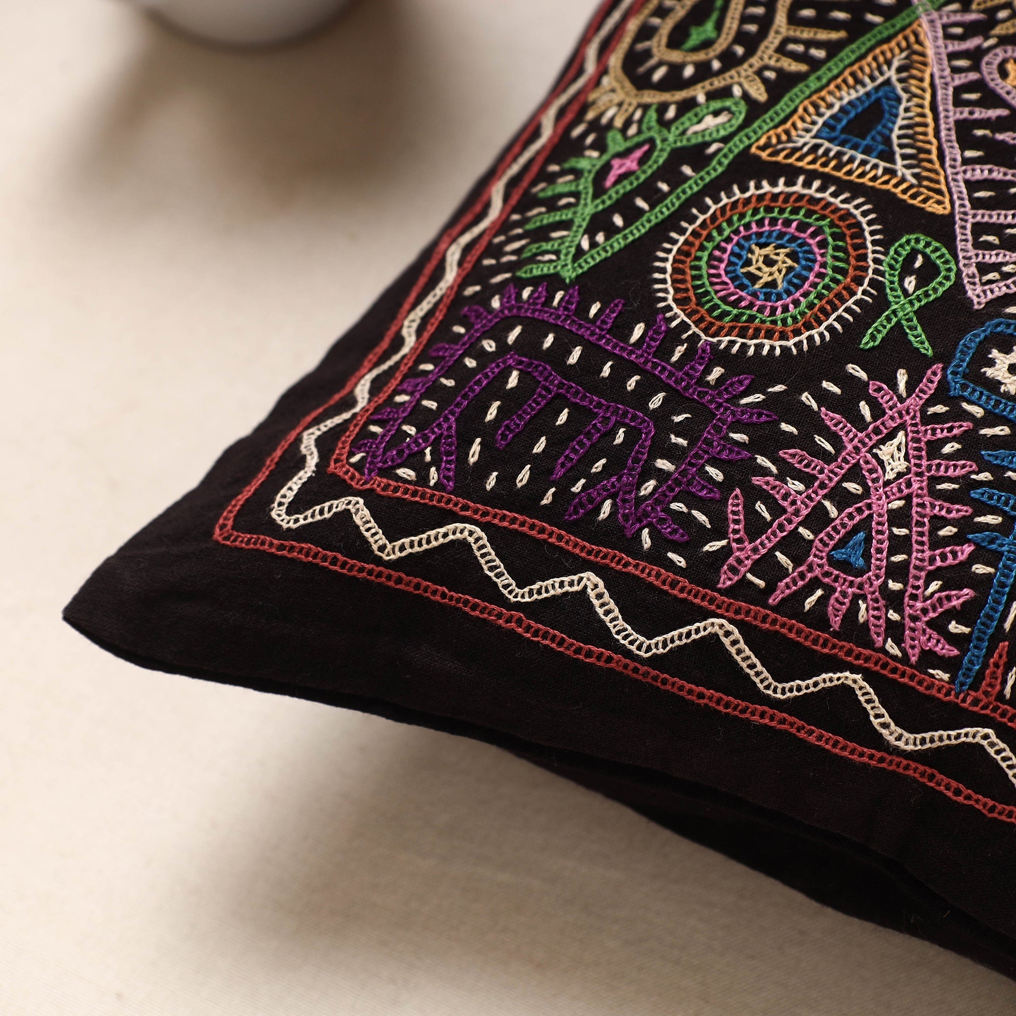 Black - Kala Raksha Rabari Hand Embroidery Cotton Cushion Cover (16 x 16 in) - view 2