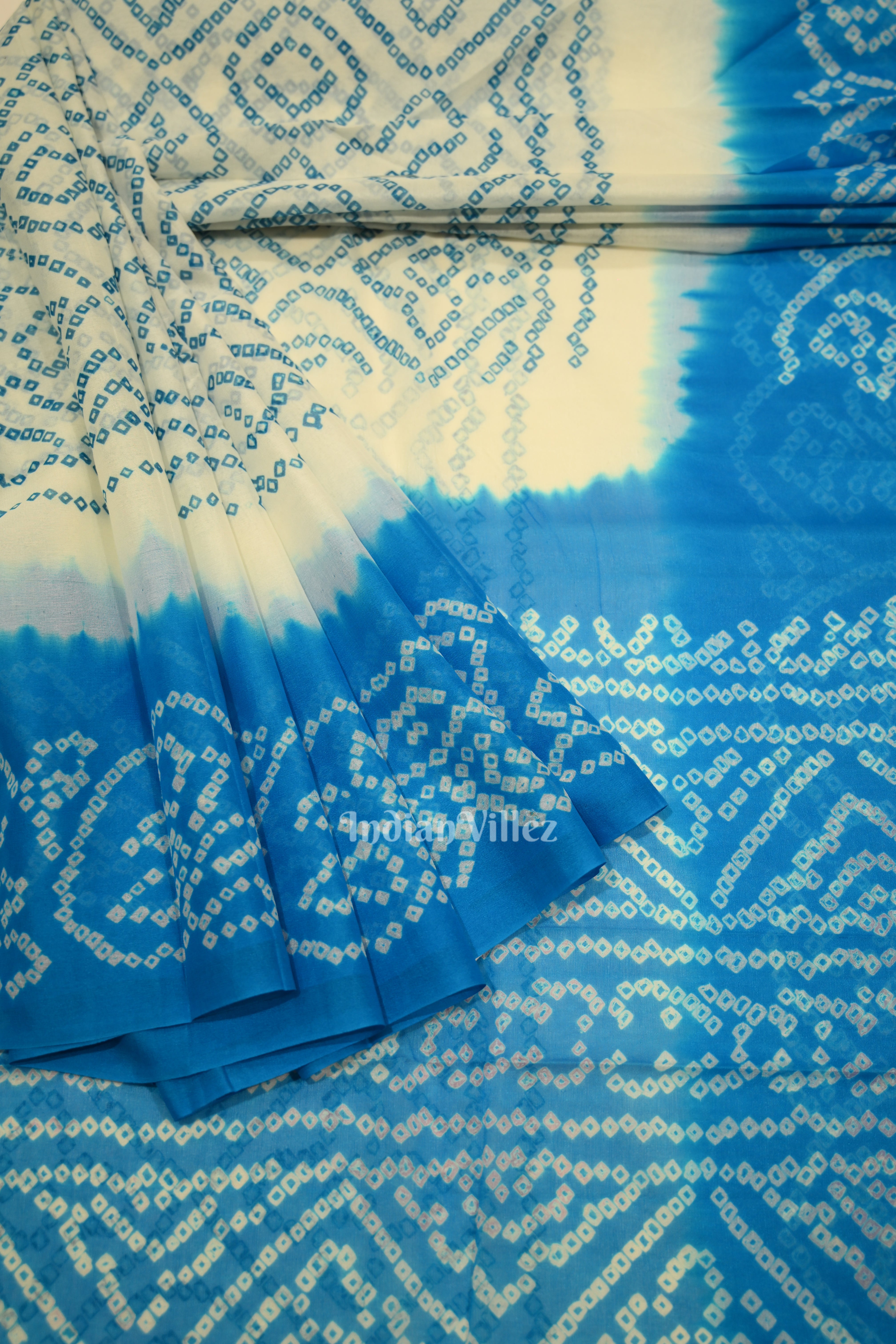 IndianVillèz White Blue Pure Khaddi Georgette Bandhani Banarasi Saree