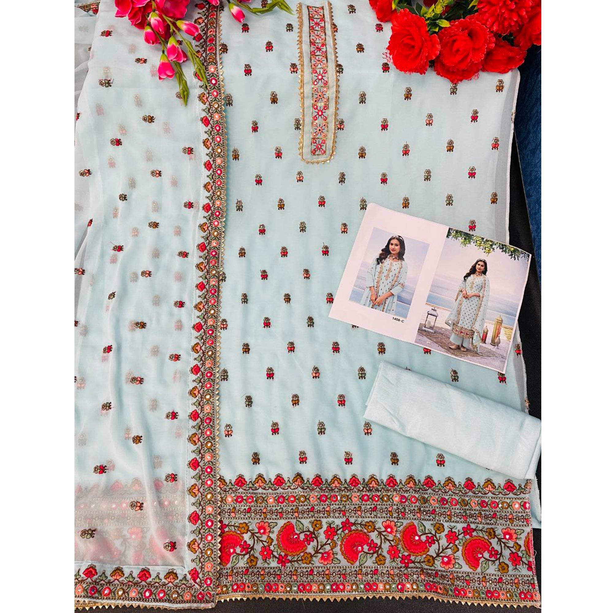 Peachmode Light Blue Embroidered Georgette Palazzo Suit - view 5