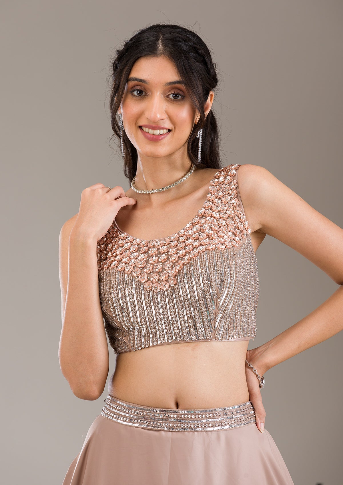 Koskii Light Brown Sequins Satin Readymade Lehenga - view 2