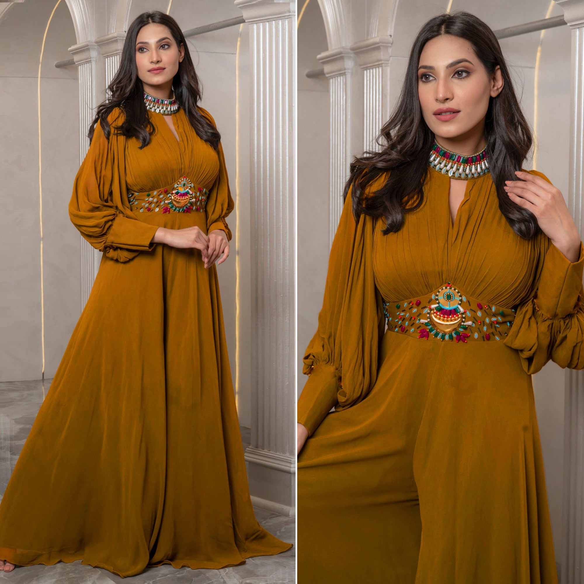Peachmode Seller Brown Zardosi Work Georgette Jumpsuit