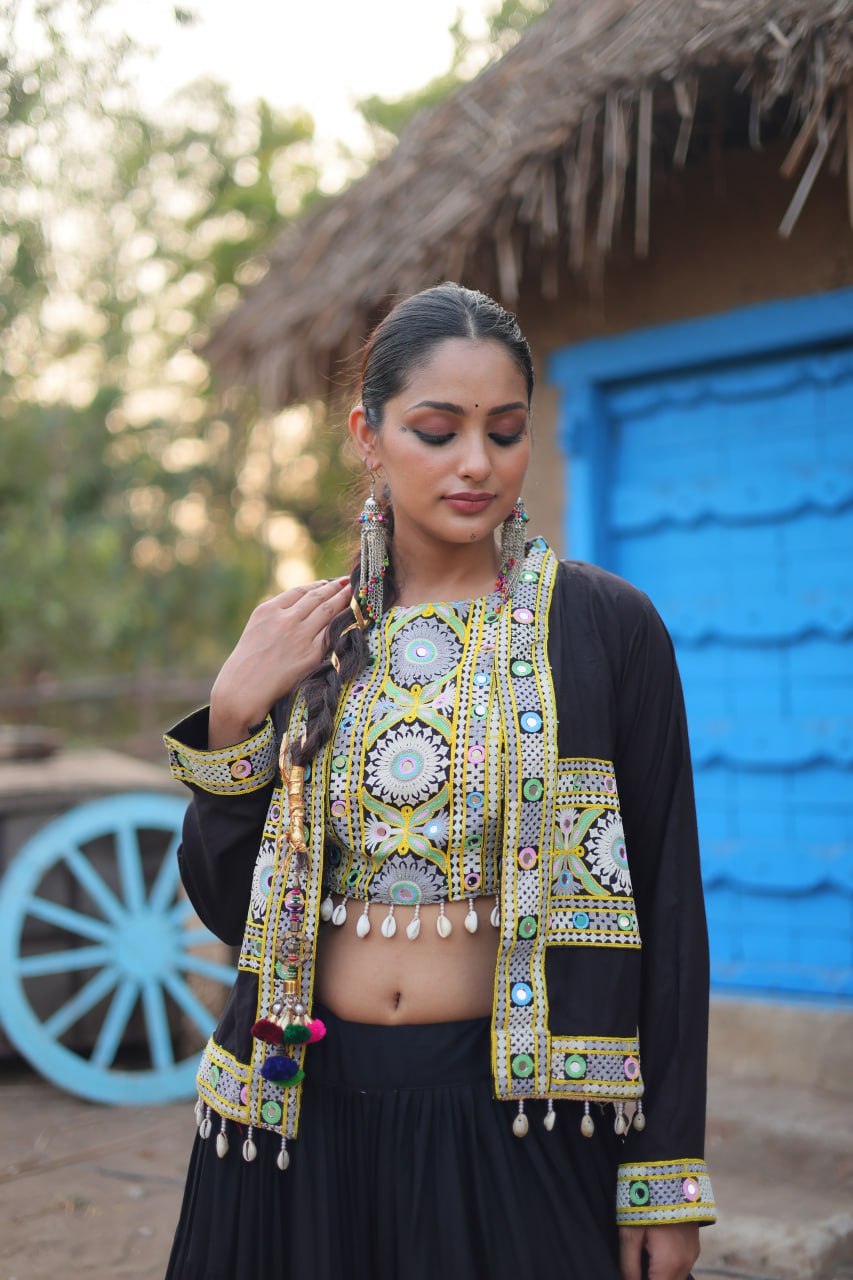 ClothsVilla Black Traditional Reyon Lehenga Set with Embroidered Blouse and Koti - view 6