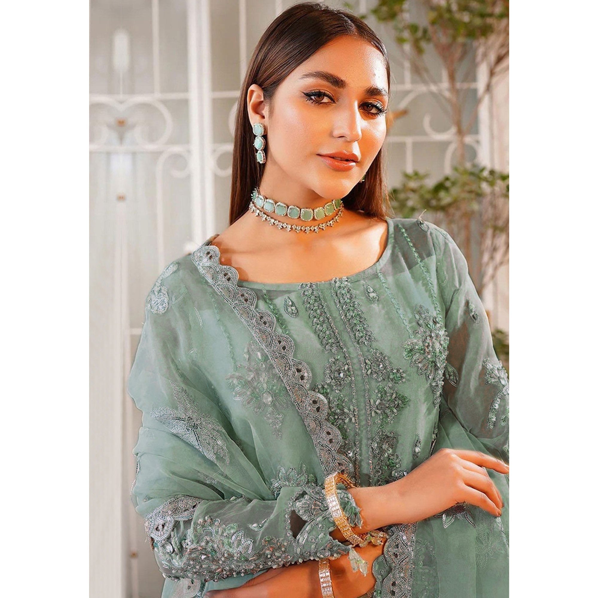 Peachmode Dusty Green Floral Sequins Embroidered Organza Semi Stitched Pakistani Suit - view 4