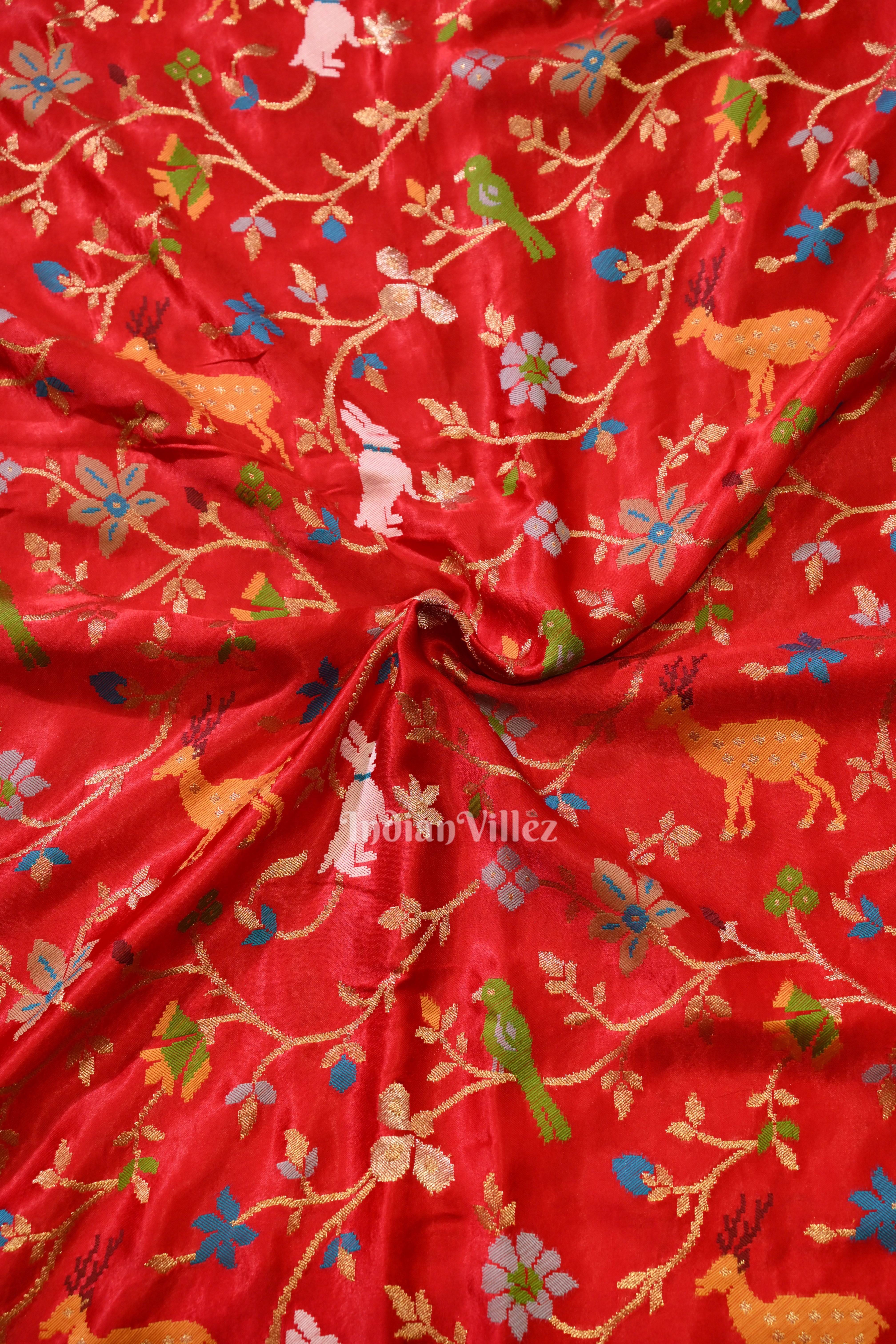 IndianVillèz Pure Authentic Red Tussar Banarasi Silk Saree with thread embroidery - view 2