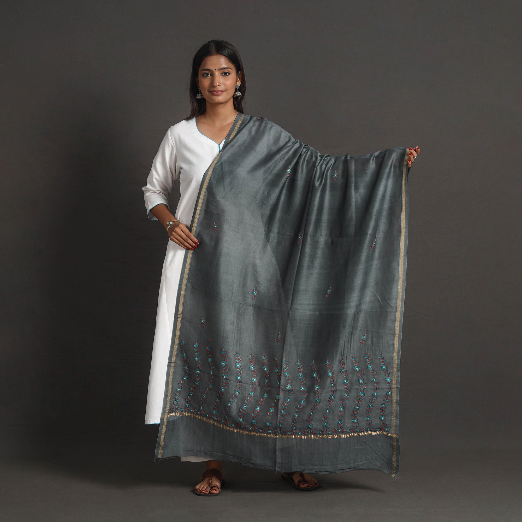 ITOKRI CRAFTS INITIATIVE Grey - Handloom Chanderi Silk Kashida Embroidery Dupatta 20