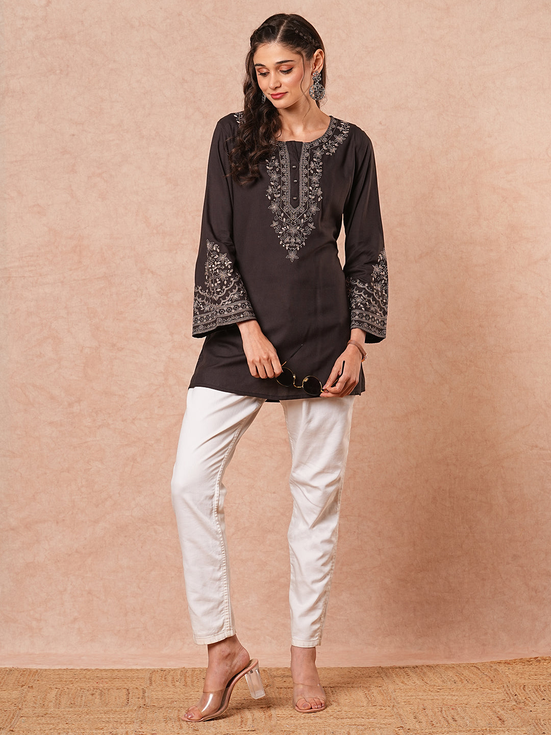 Fashor Solid Floral Sequin Embroidered A-Line Short Kurti - Black - view 3
