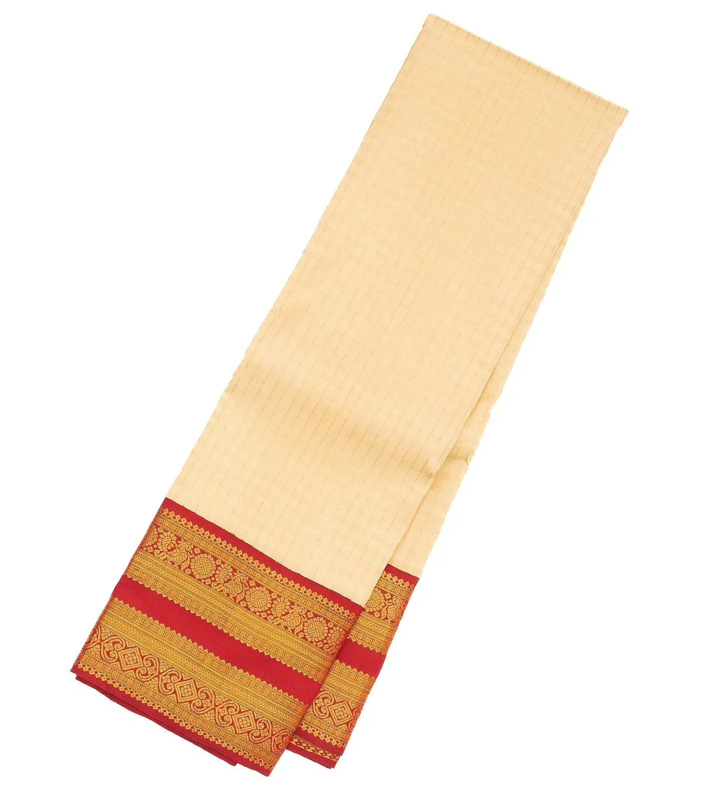 RmKV Cream Handloom Kanchipuram Korvai Silk Saree With Crimson Border