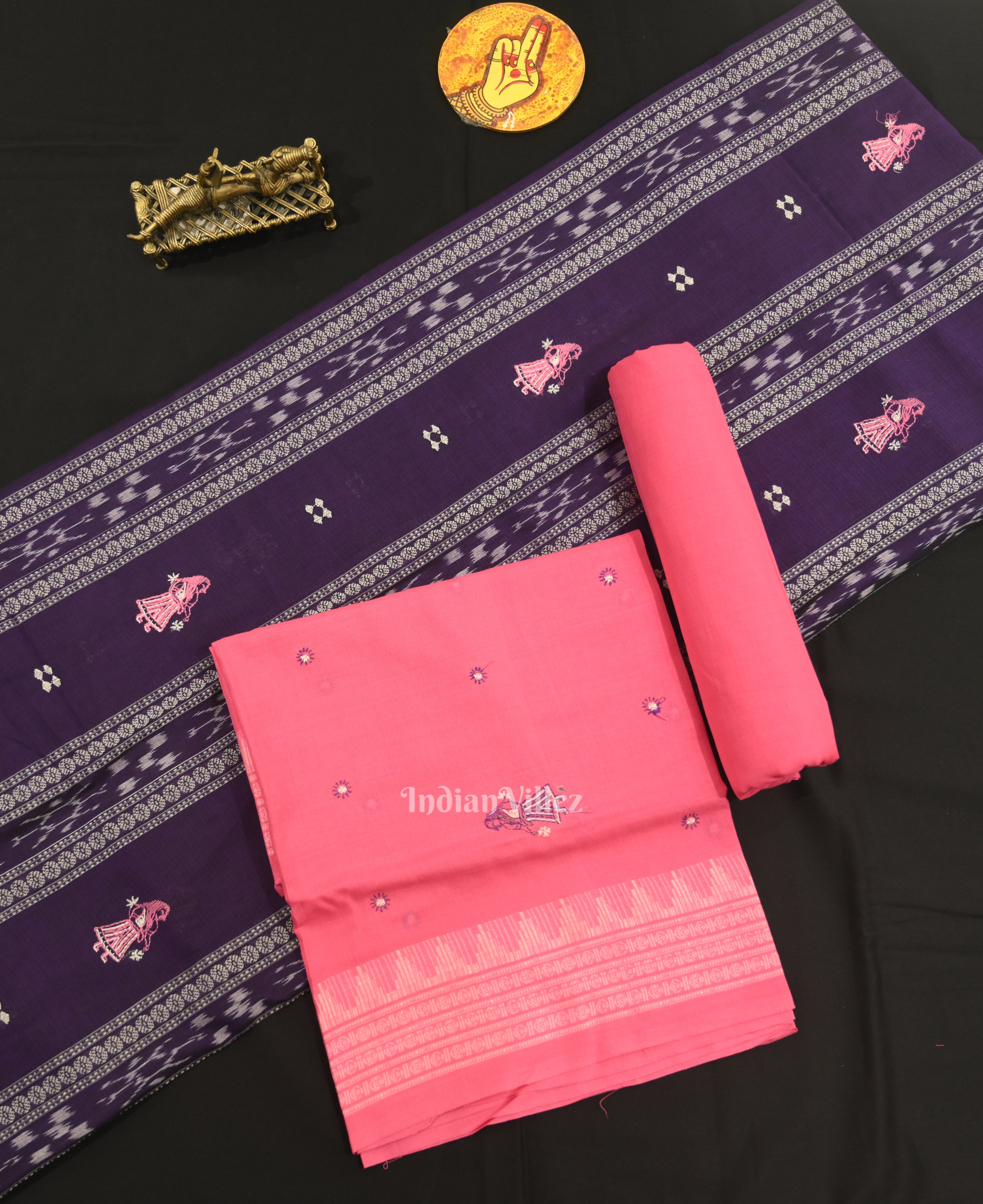 IndianVillèz Navy Blue with Pink Doll Odisha Ikat Sambalpuri Dress Material & Dupatta