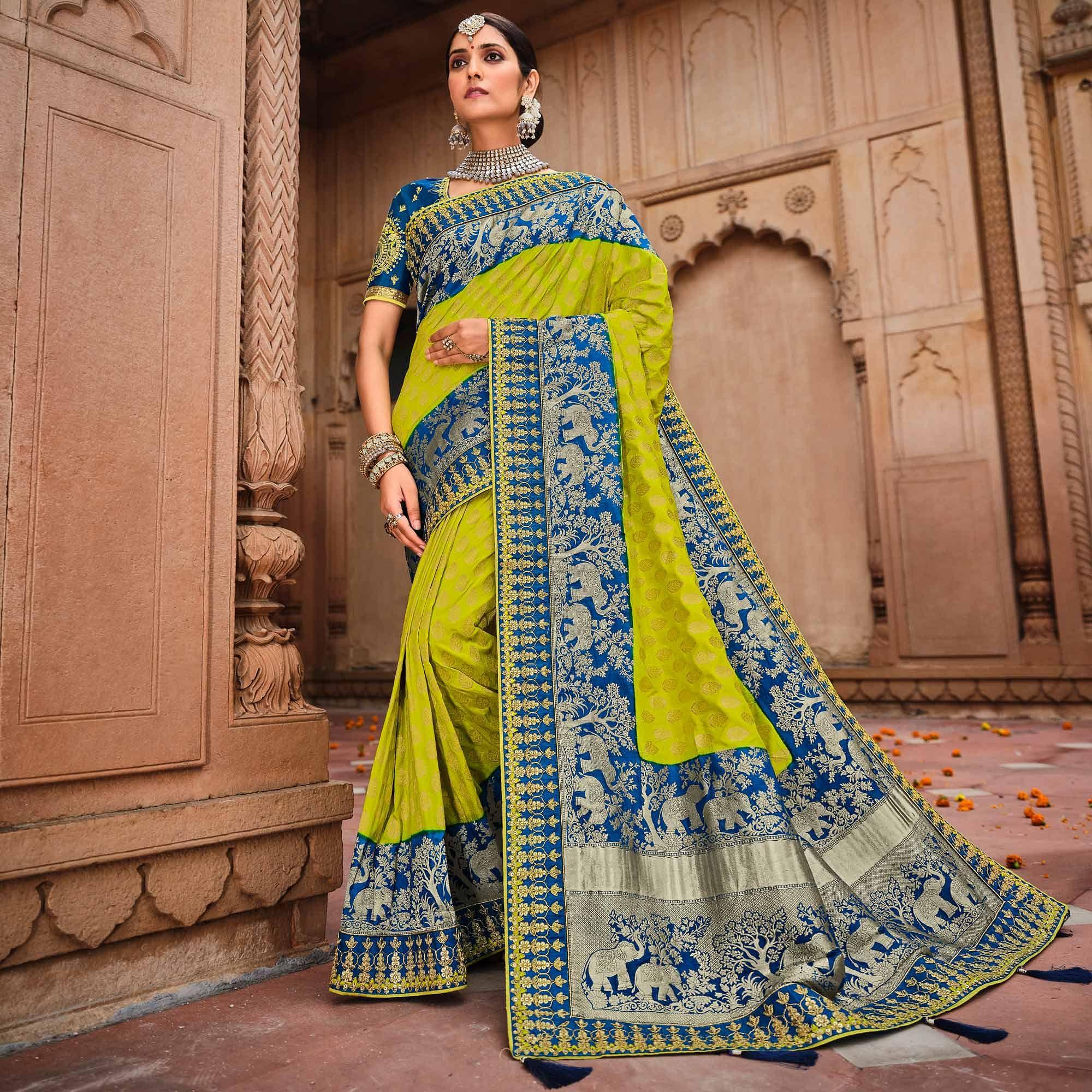 Peachmode Blue-Parrot Green Festive Wear Woven With Zari & Diamond Work Banarasi Silk Saree