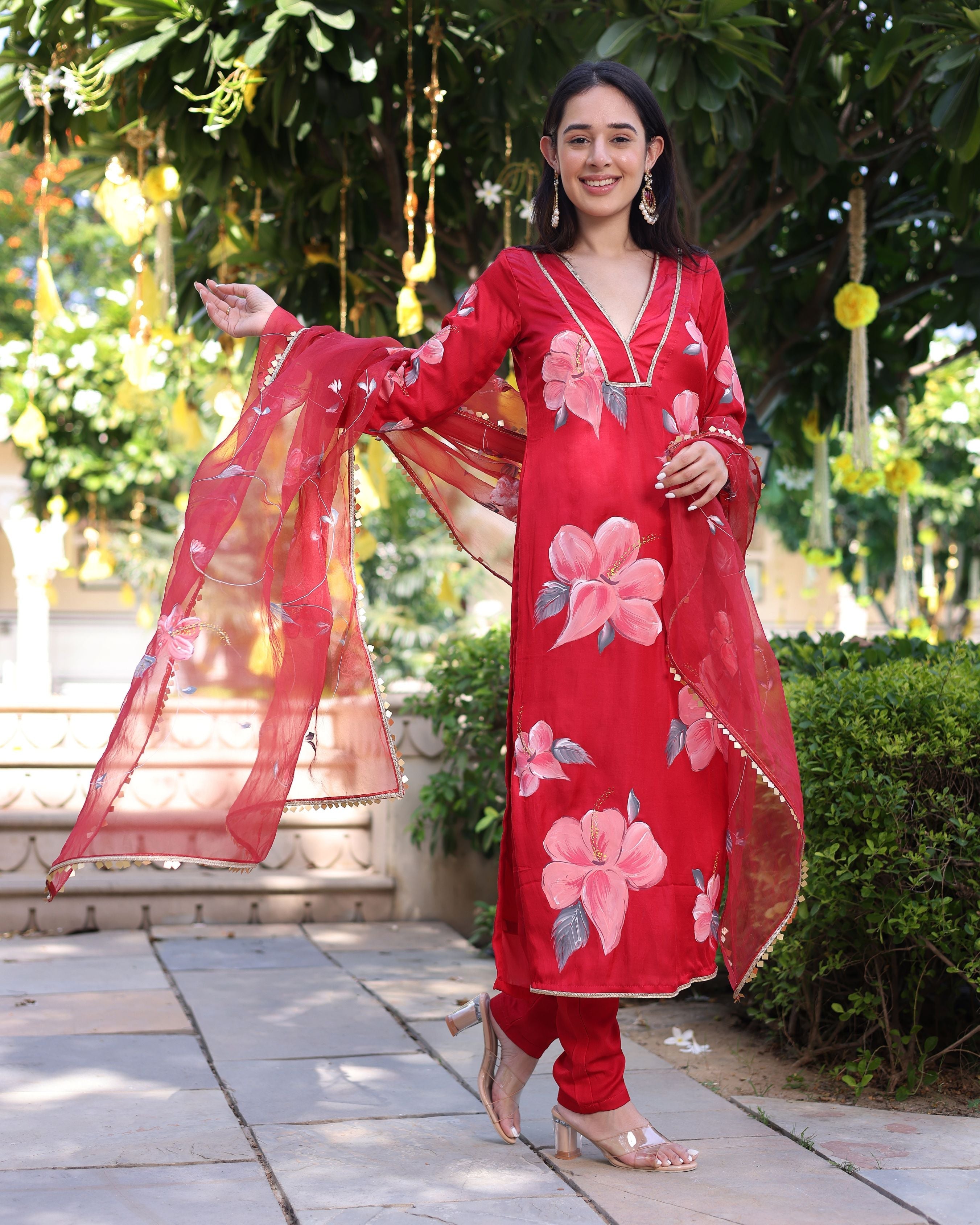 Aachho Raspberry Blush Red Handpainted Satin Suit Set