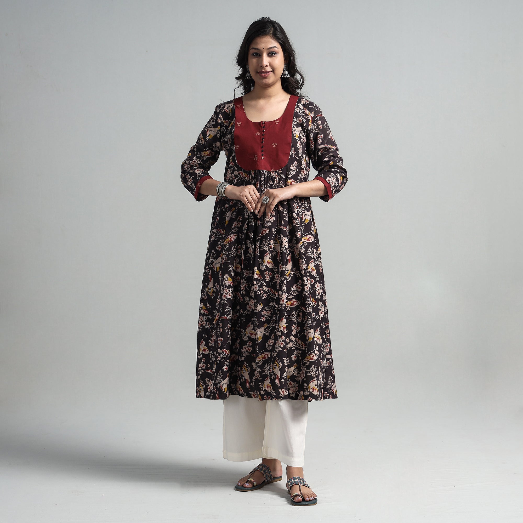 ITOKRI CASUALS Black - Kalamkari Printed Cotton A-Line Long Kurta with Patchwork - view 4