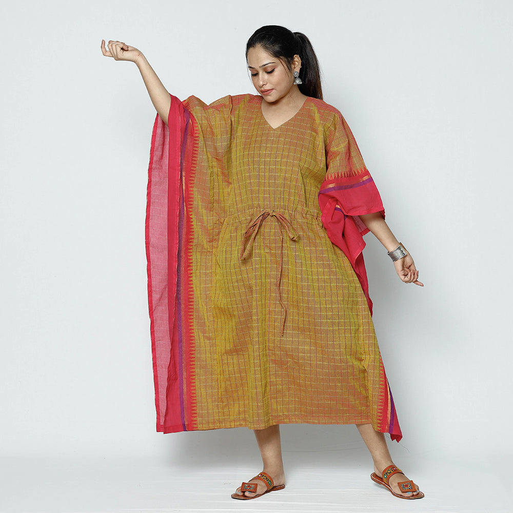 ITOKRI CASUALS Brown - Kanchipuram Checks Cotton Kaftan with Tie-Up Waist (Medium) - view 2