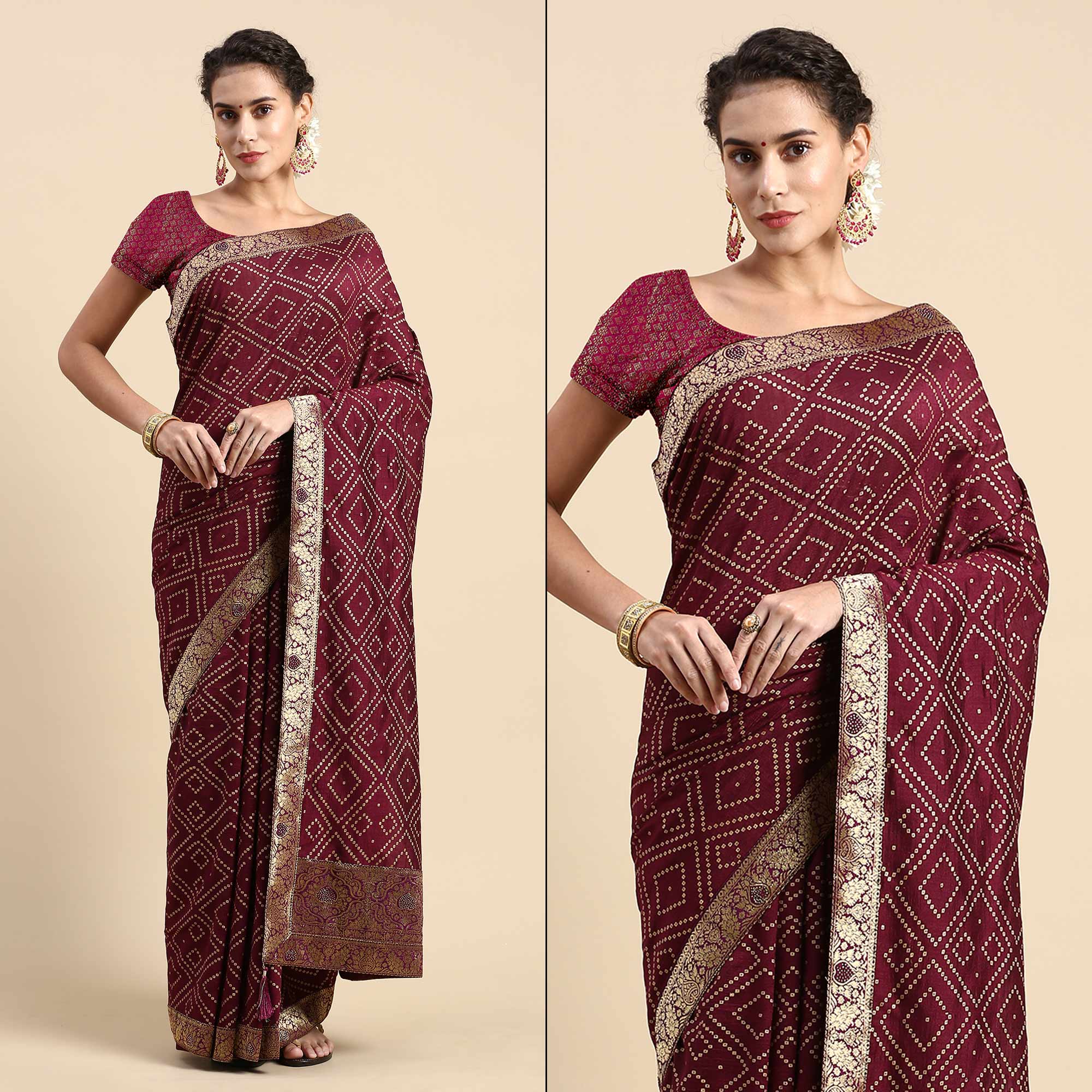 Peachmode Maroon Foil Printed With Swarovski Vichitra Silk Saree