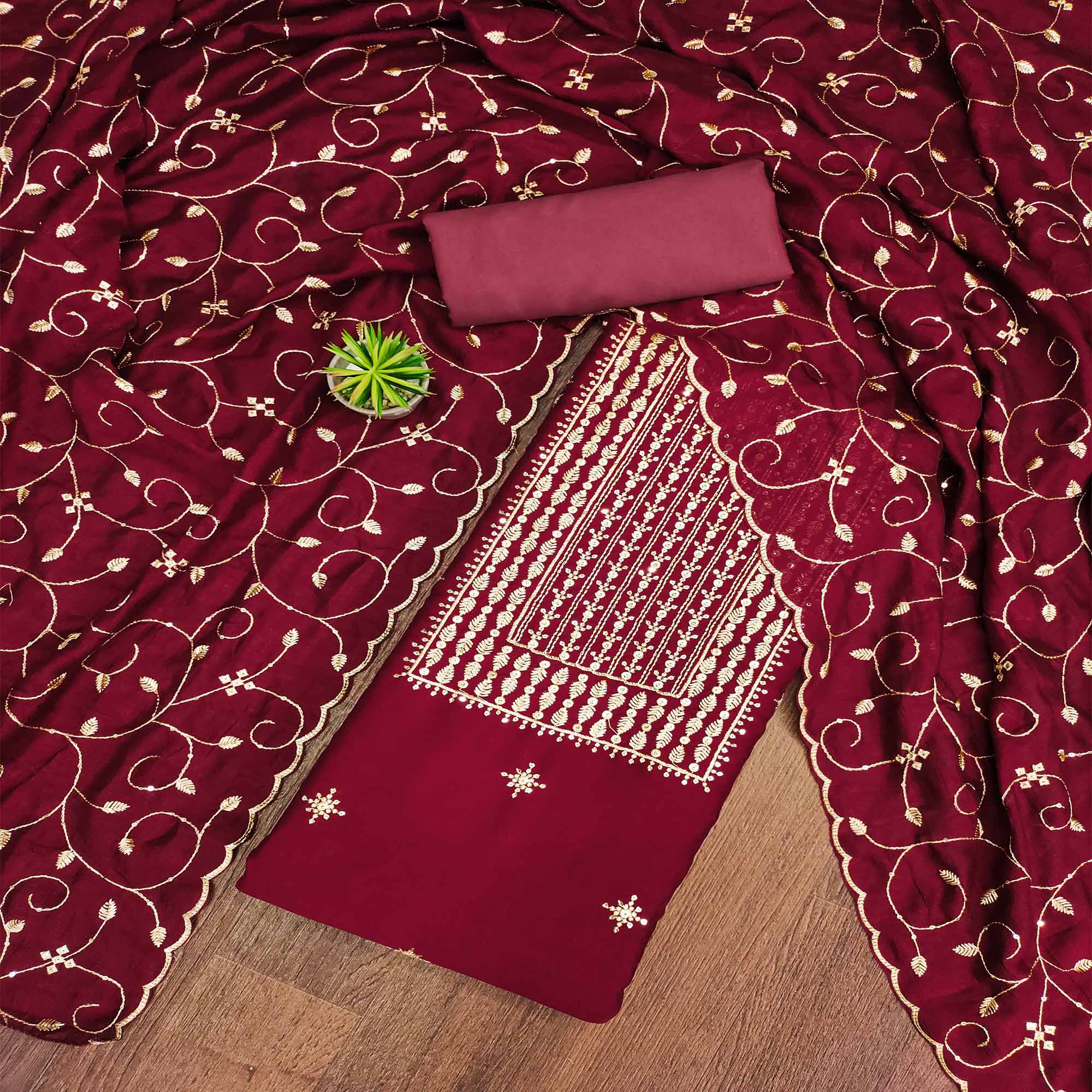 Peachmode Maroon Sequins Embroidered Chinon Dress Material