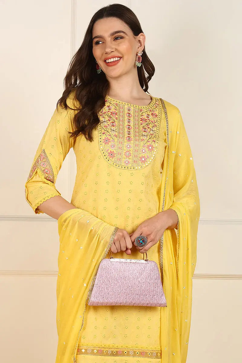 Ahika Yellow Cotton Embroidered Straight Suit Set JPSKD1052YLW - view 5