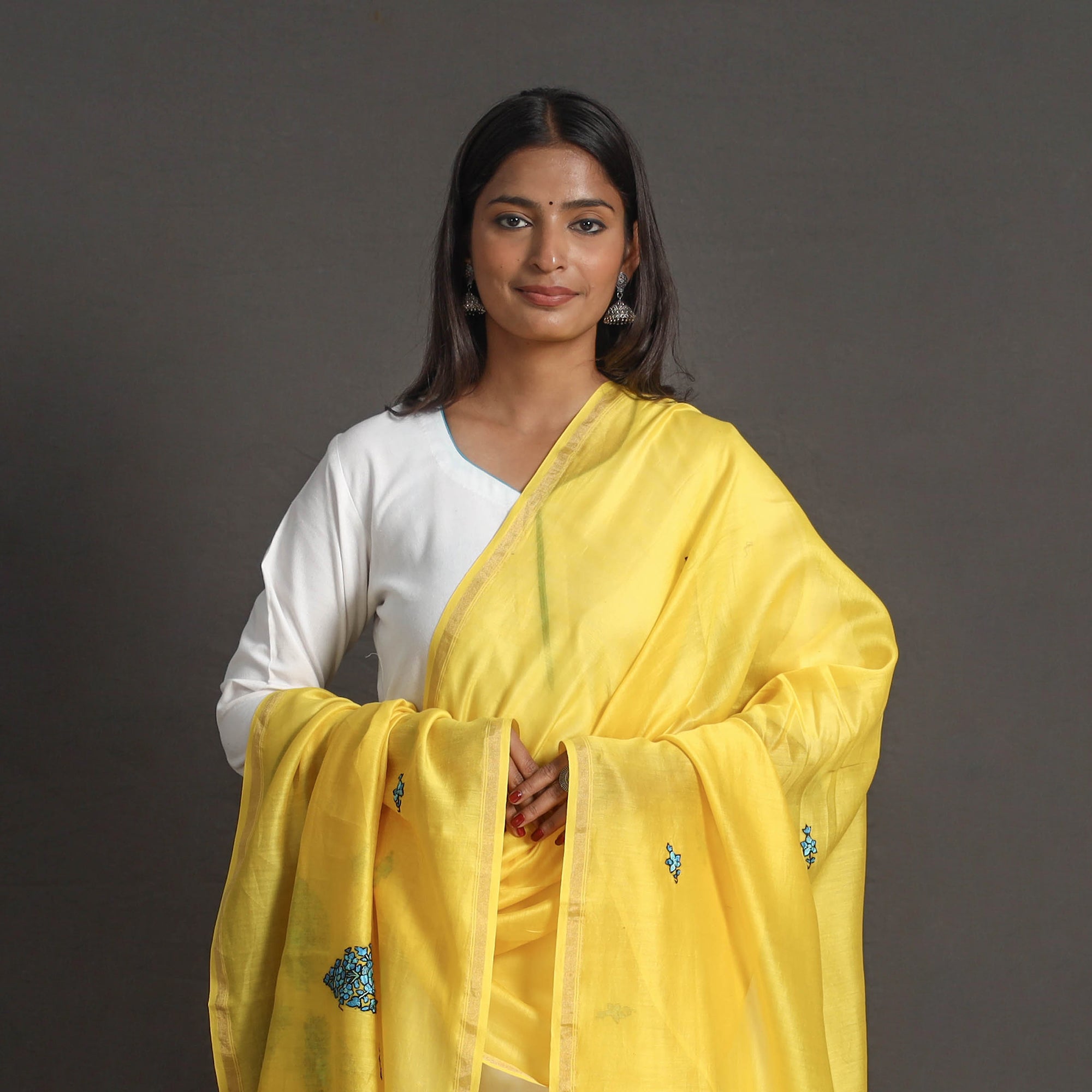 ITOKRI CRAFTS INITIATIVE Handloom Chanderi Silk Kashida Embroidery Dupatta 15 - view 3