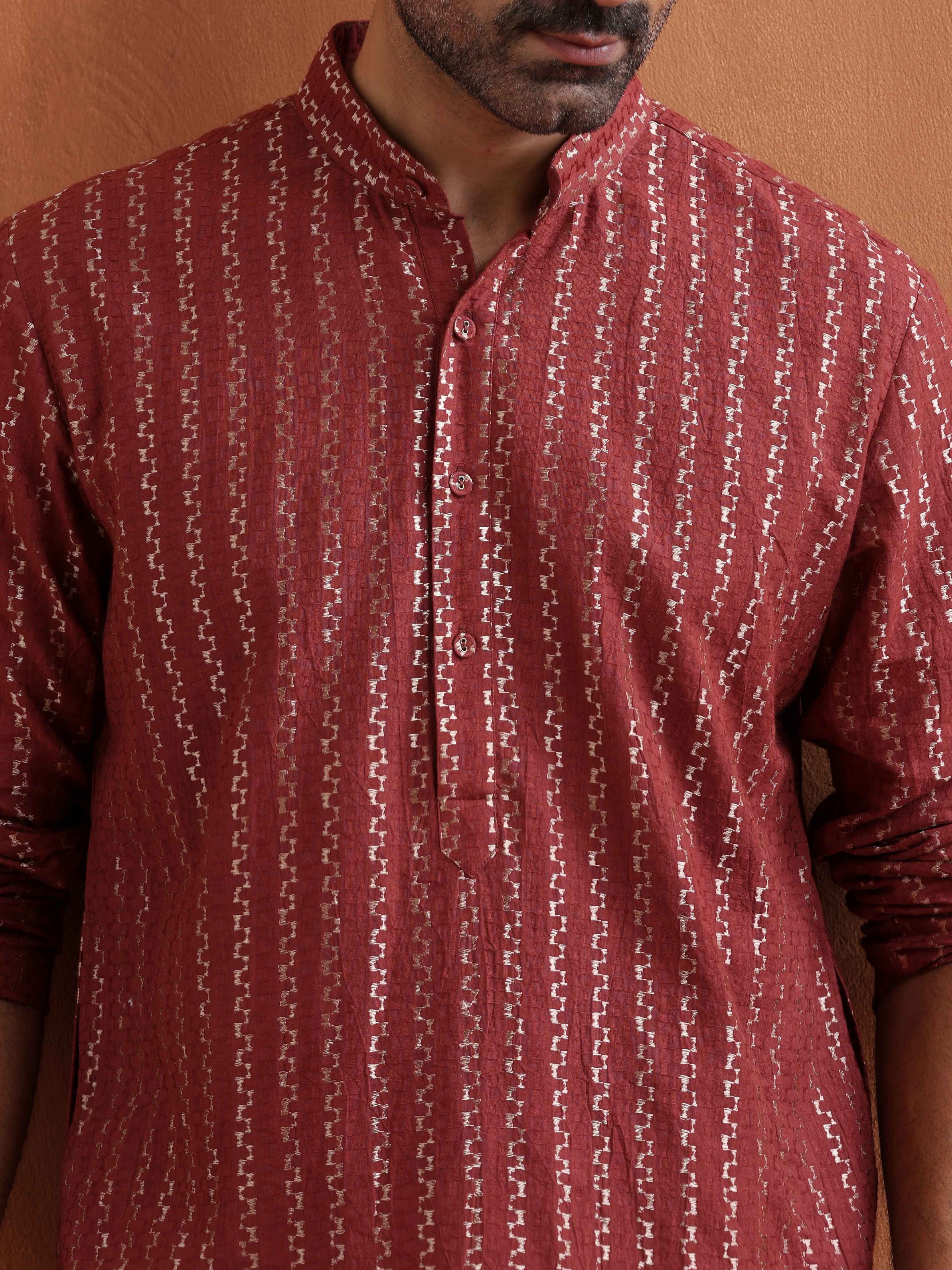 trueBrowns Men's Rust Cotton Dobby Kurta - view 4