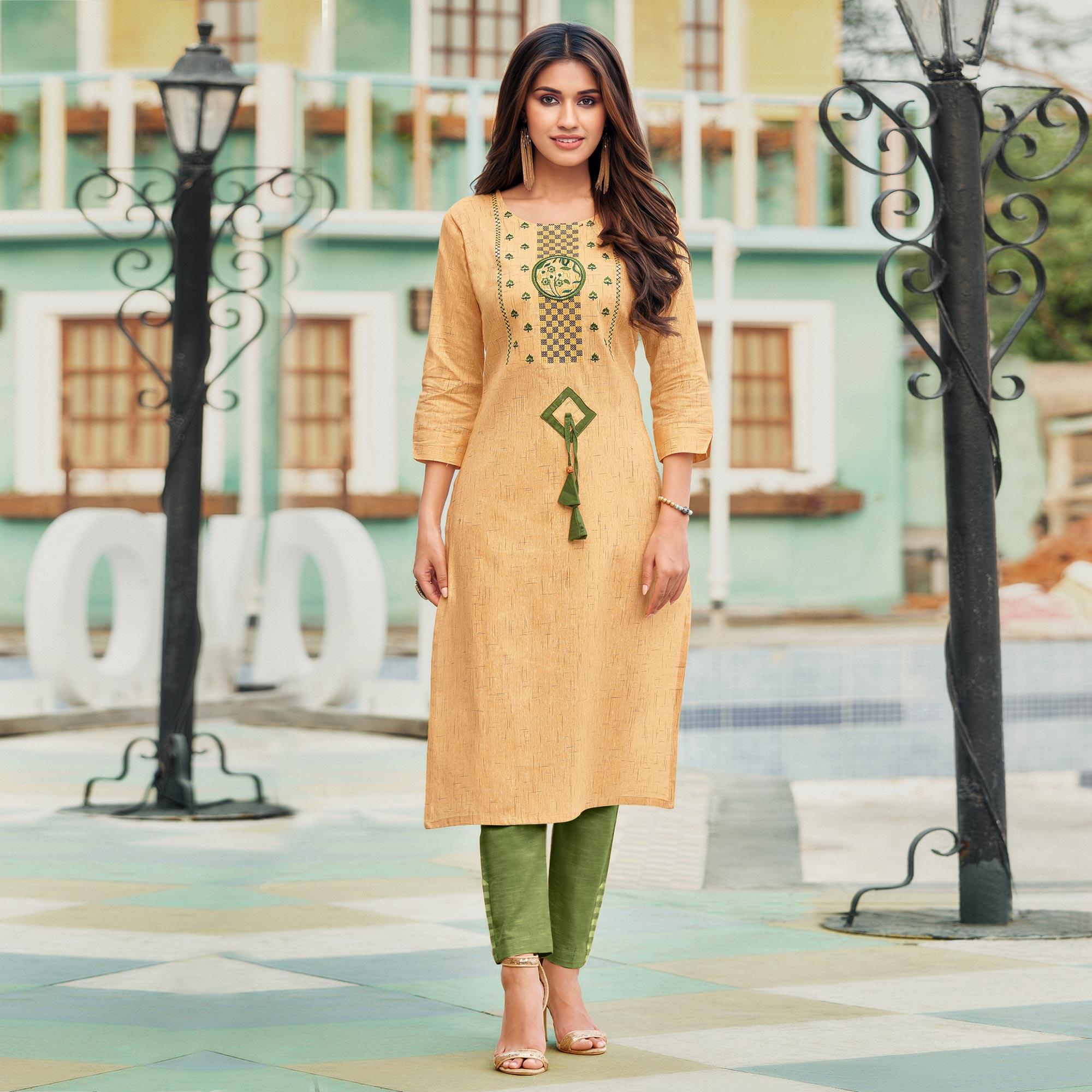 Peachmode Seller Capricious Yellowish Beige Colored Casual Wear Embroidered Heavy Pure Cotton Kurti