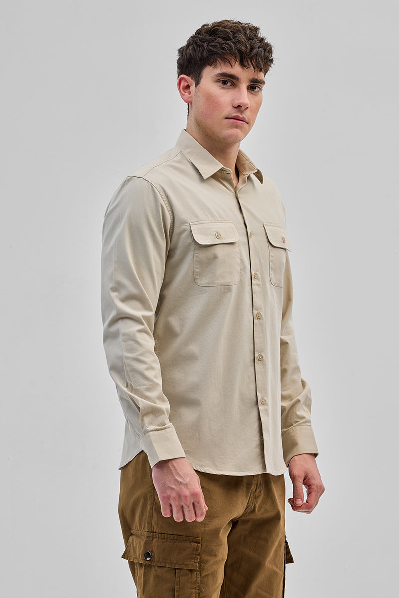 SNITCH Beige Solid Double Pocket Overshirt - view 6