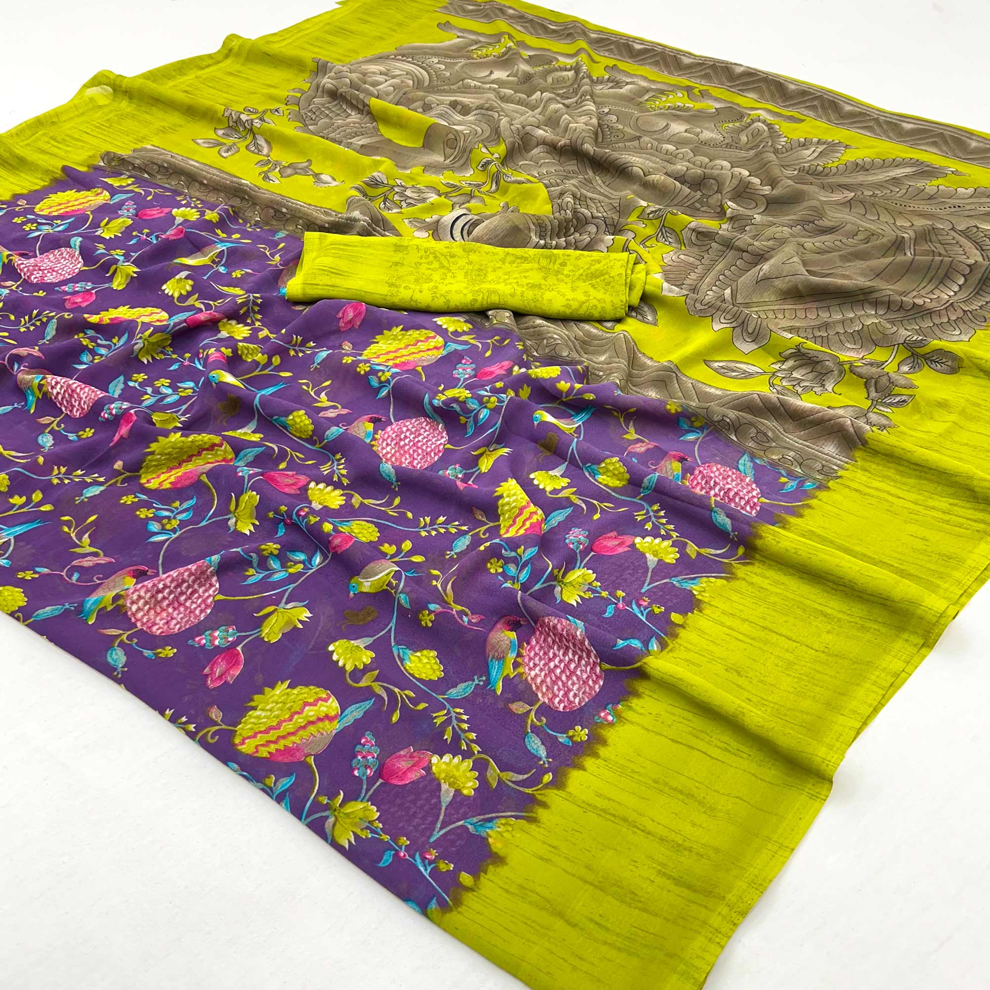Peachmode Light Purple Floral Printed Georgette Saree