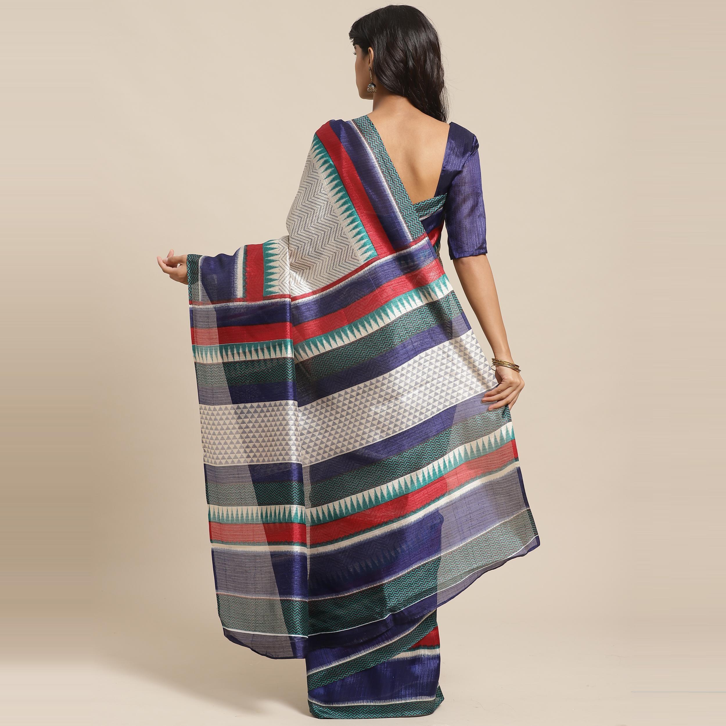 Peachmode Innovative Cream Colored Casual Wear Printed Art Silk Saree - view 2