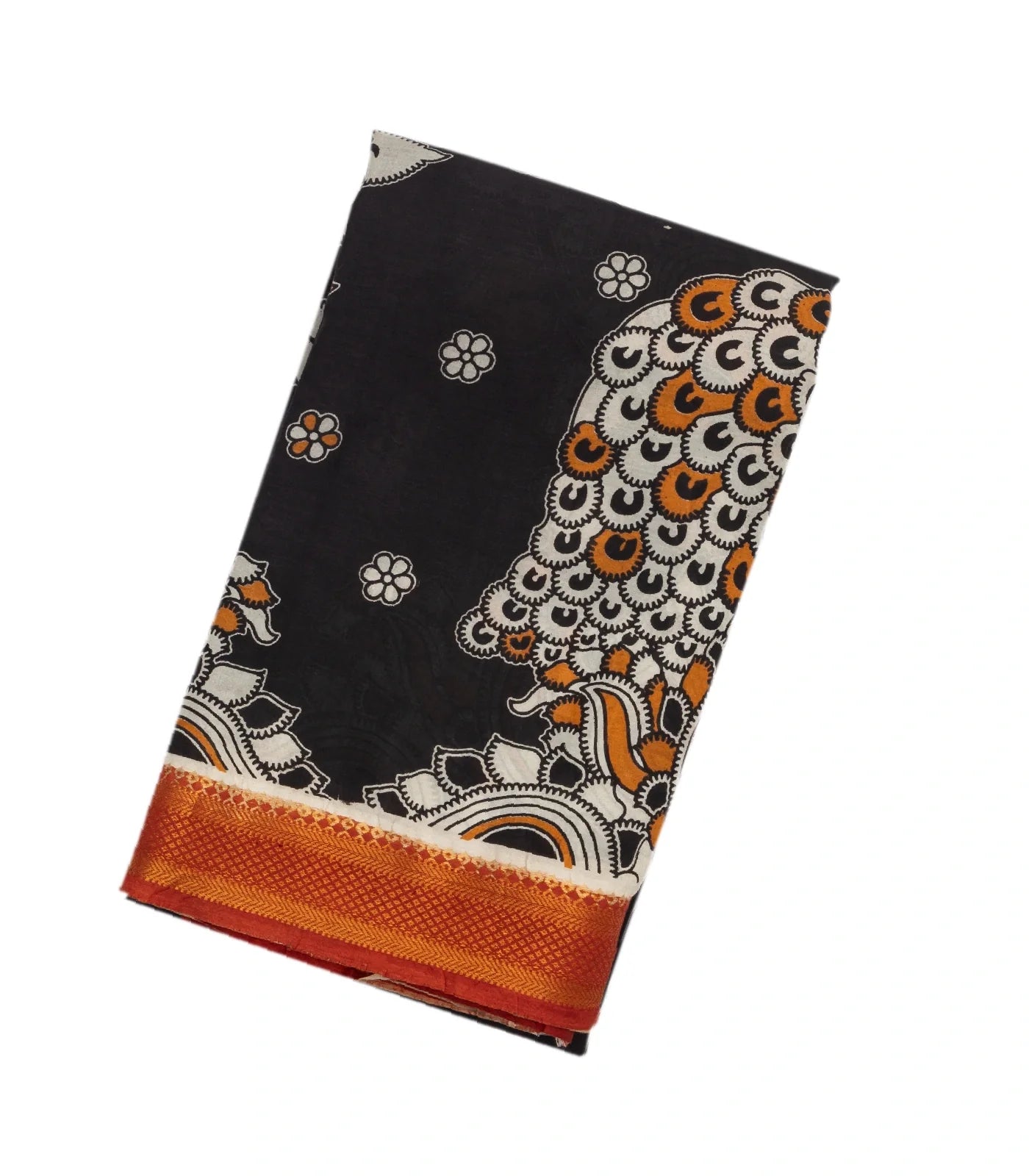 RmKV Black Handloom Kalamkari Cotton Saree With Printed Peacock Motifs