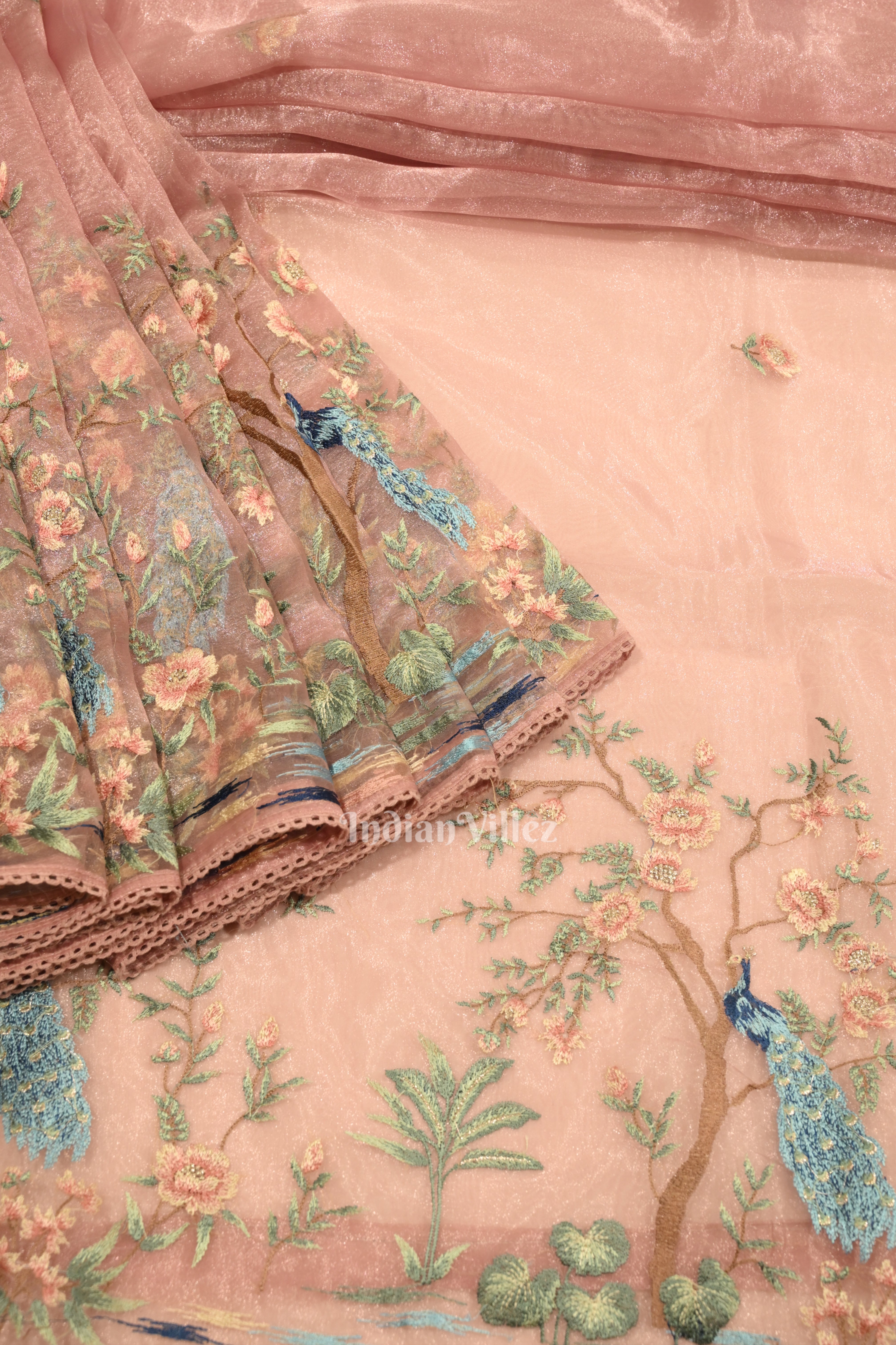 IndianVillèz Peach With Floral Theme Kora Organza Banarasi Saree