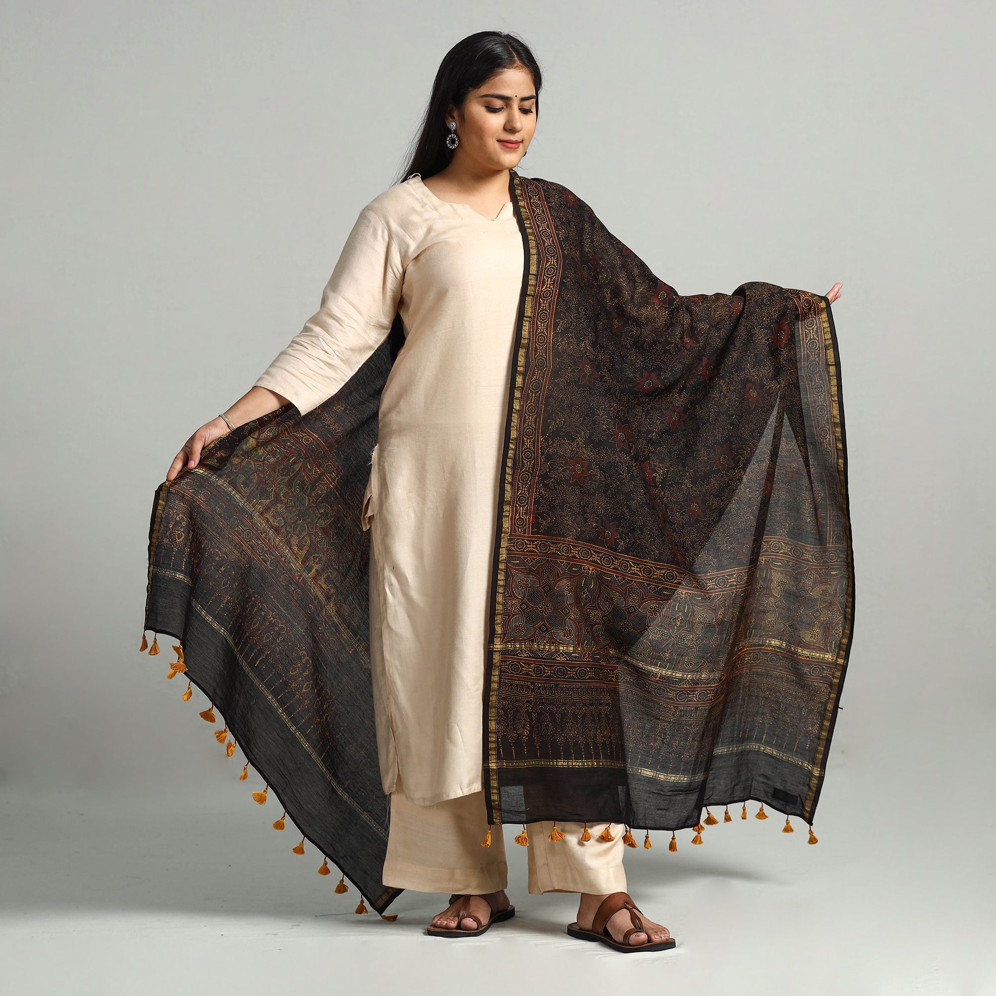 AJRAKH BY SUFIYAN ISMAIL KHATRI Brown - Block Printed Chanderi Silk Handloom Ajrakh Dupatta 08
