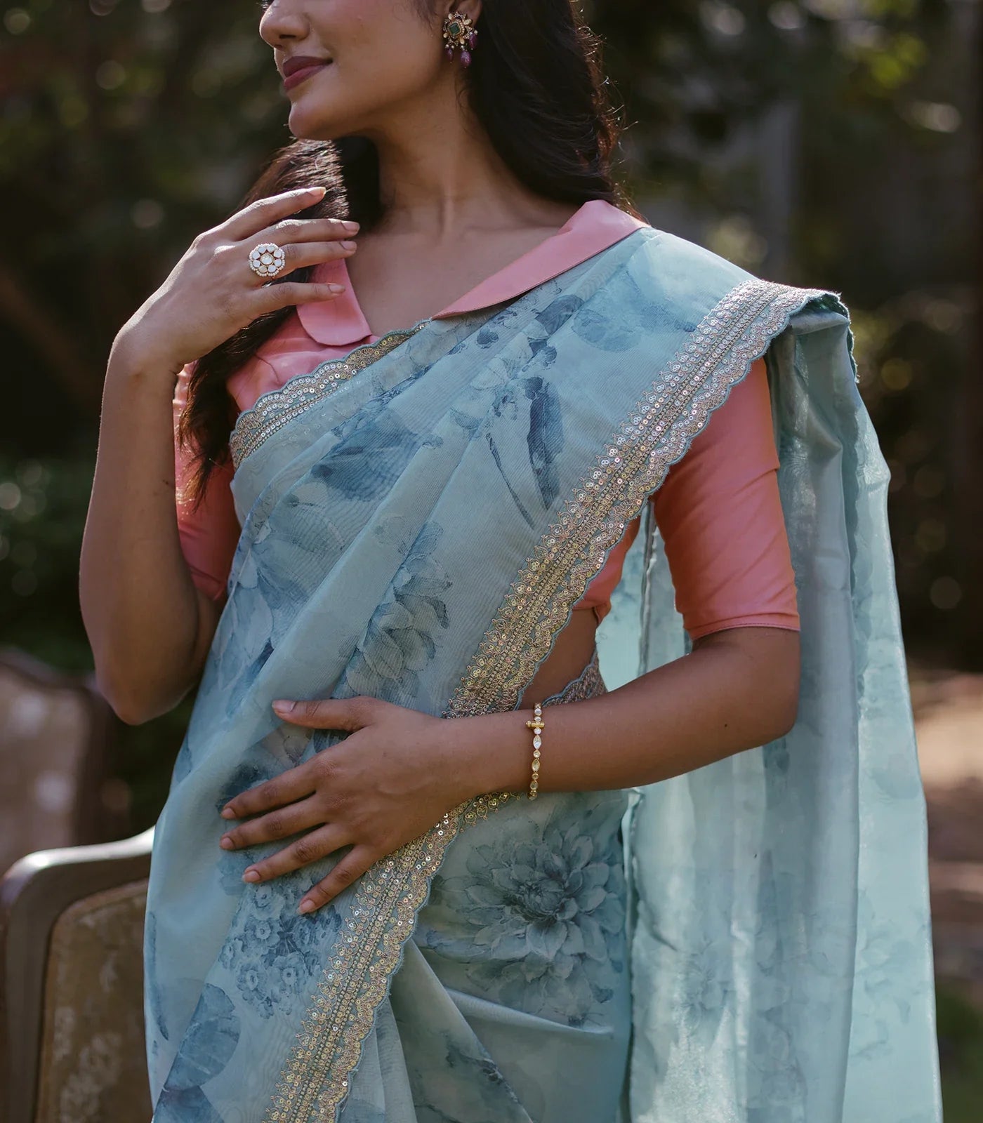 RmKV Turquoise Woven Organza Printed Saree With Embroidered Border - view 3