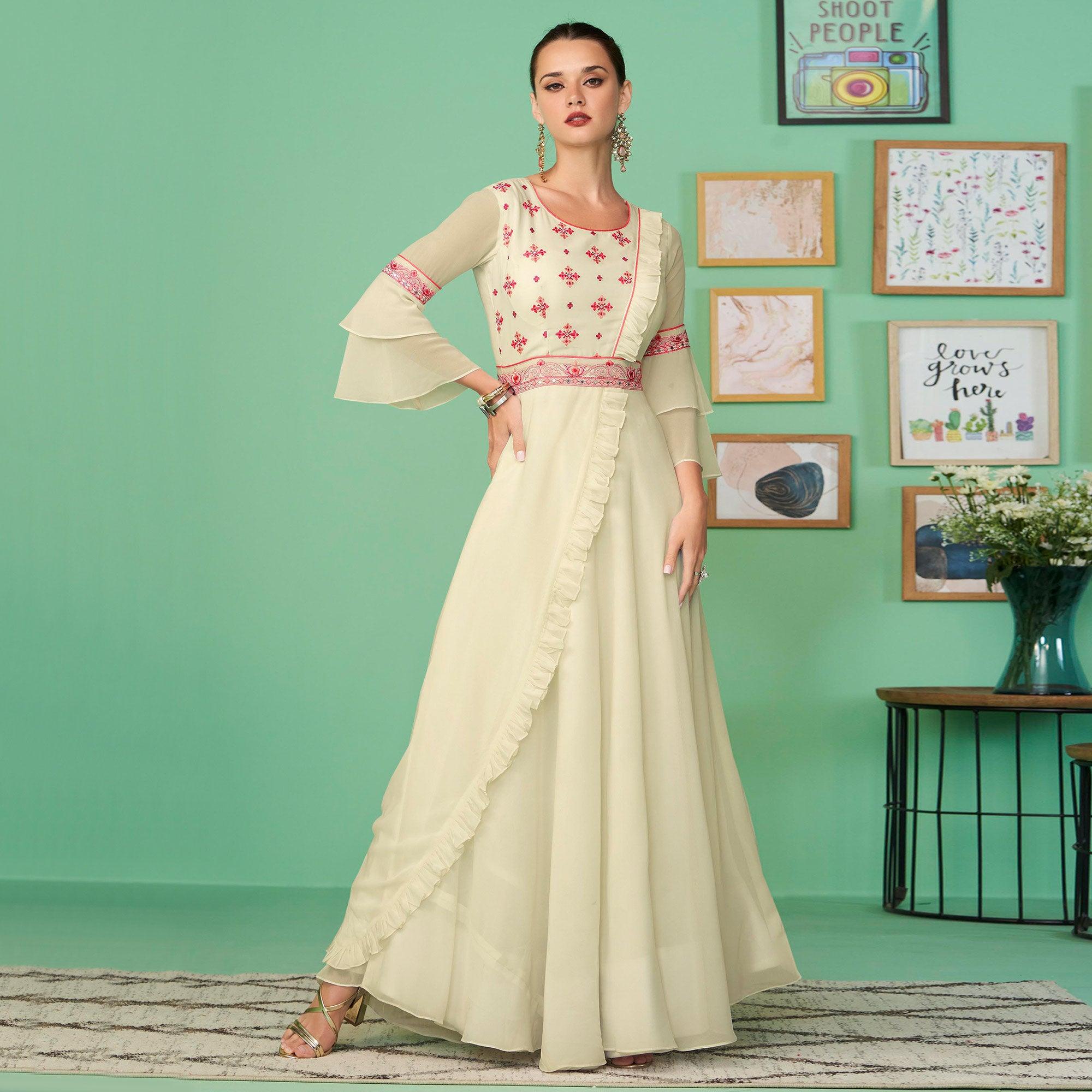 Peachmode Cream Embroidered Georgette Gown