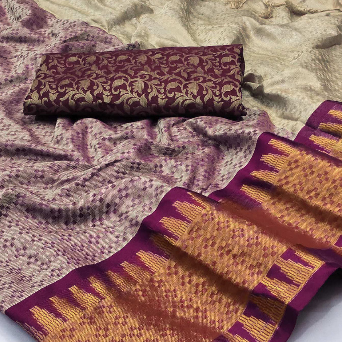 Peachmode Chikoo Woven Cotton Silk Saree With Tassels - view 2