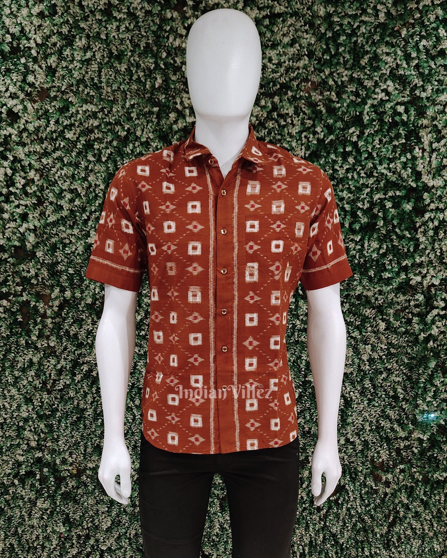 IndianVillèz Brown Pasapali Odisha Ikat Cotton Half Sleeve Shirt for Men
