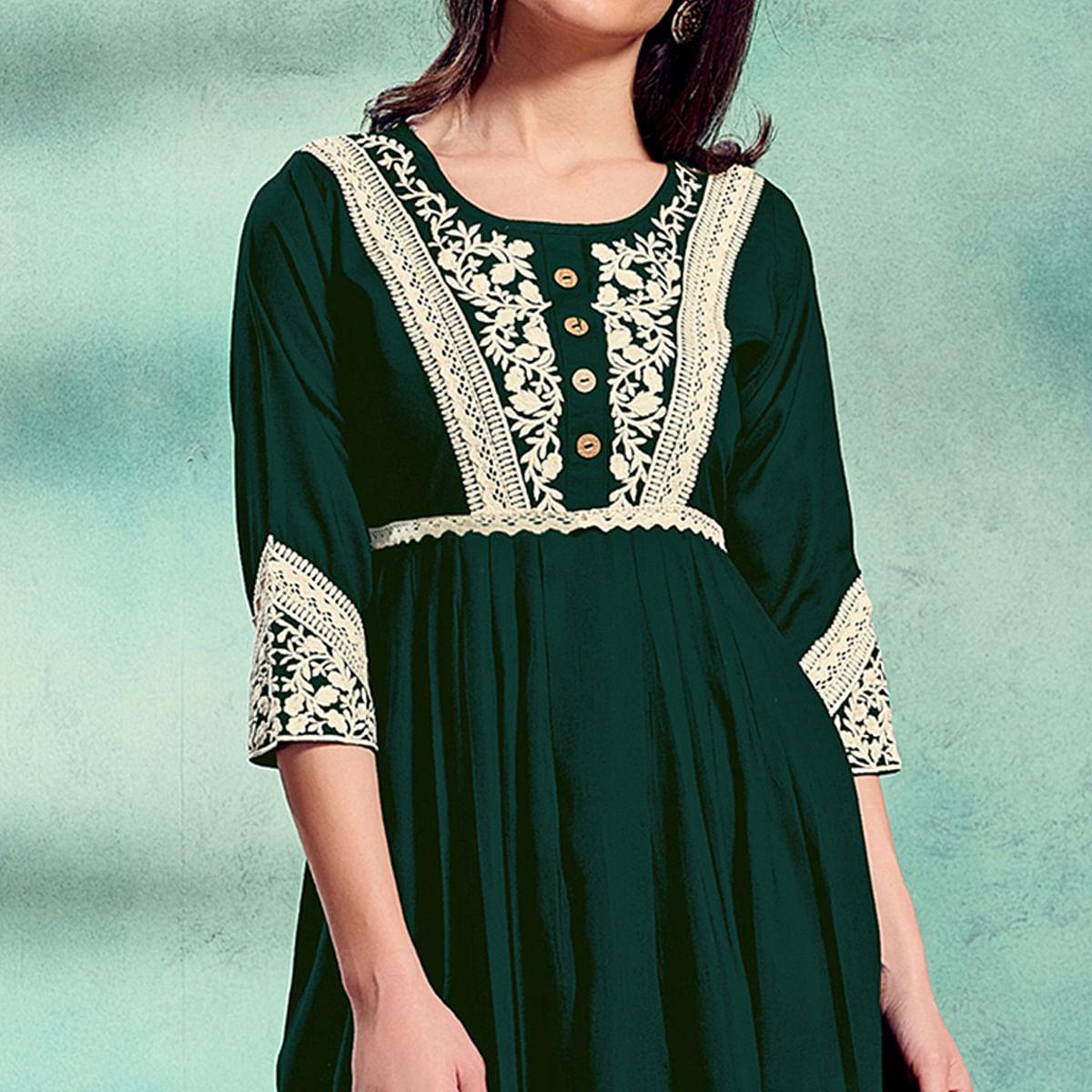 Peachmode Seller Fantastic Green Colored Partywear Lucknowi Embroidered Pure Rayon Fancy Kurti - view 3