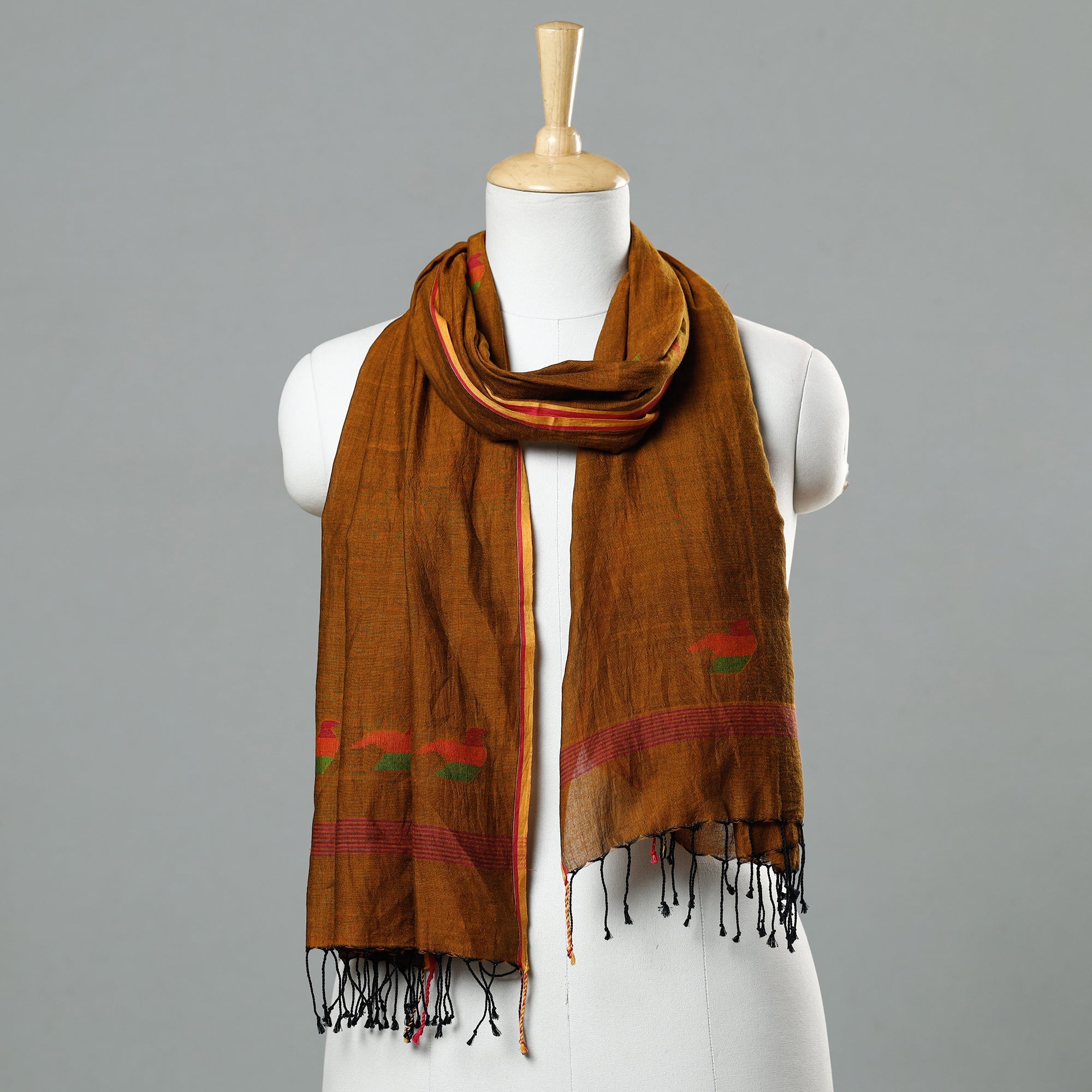 ALANKRITA Brown - Jamdani Handloom Cotton Stole with Tassels
