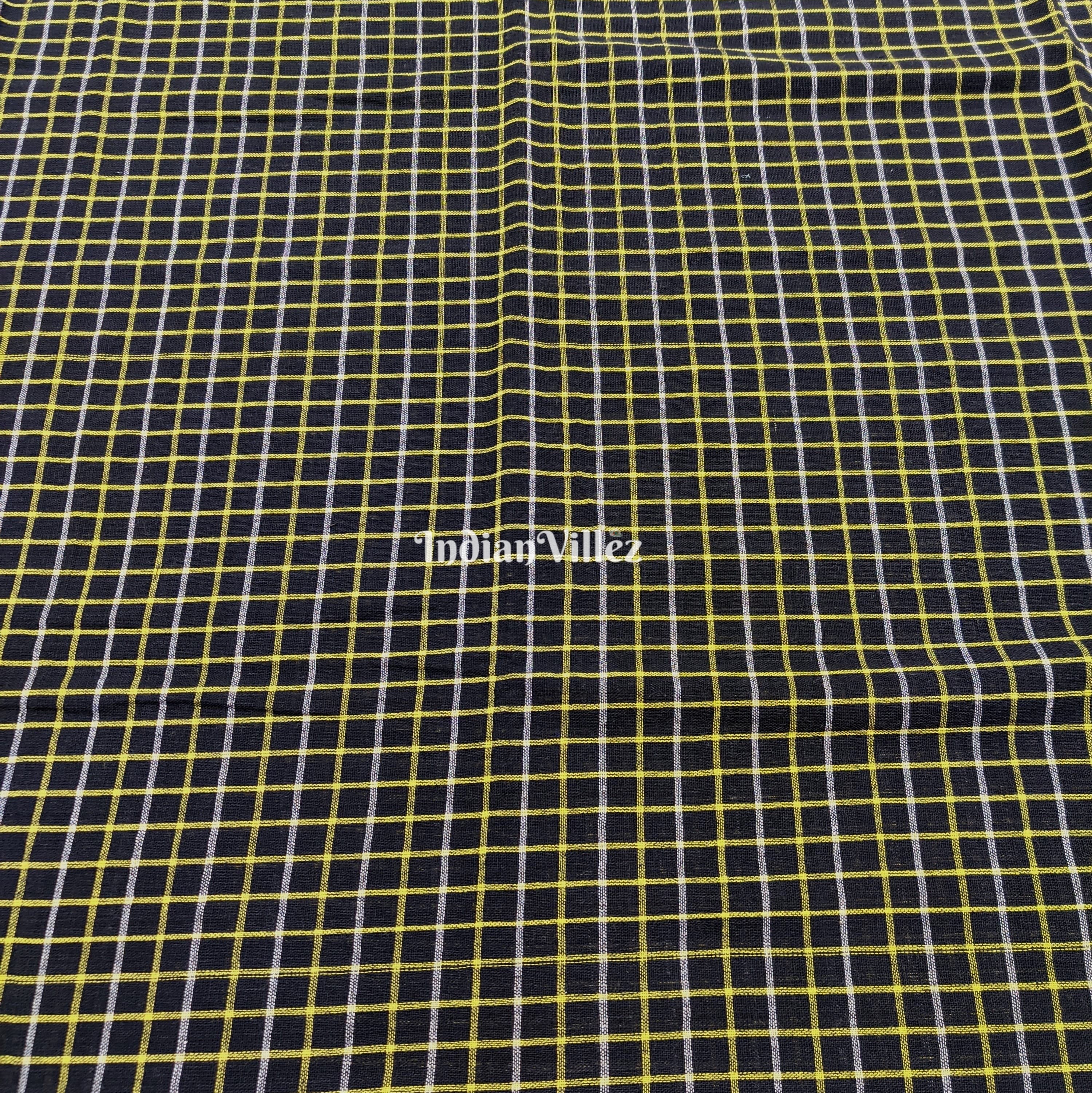 IndianVillèz Black Yellow Checkered Organic Natural Dyed Kotpad Handloom Fabric - view 2