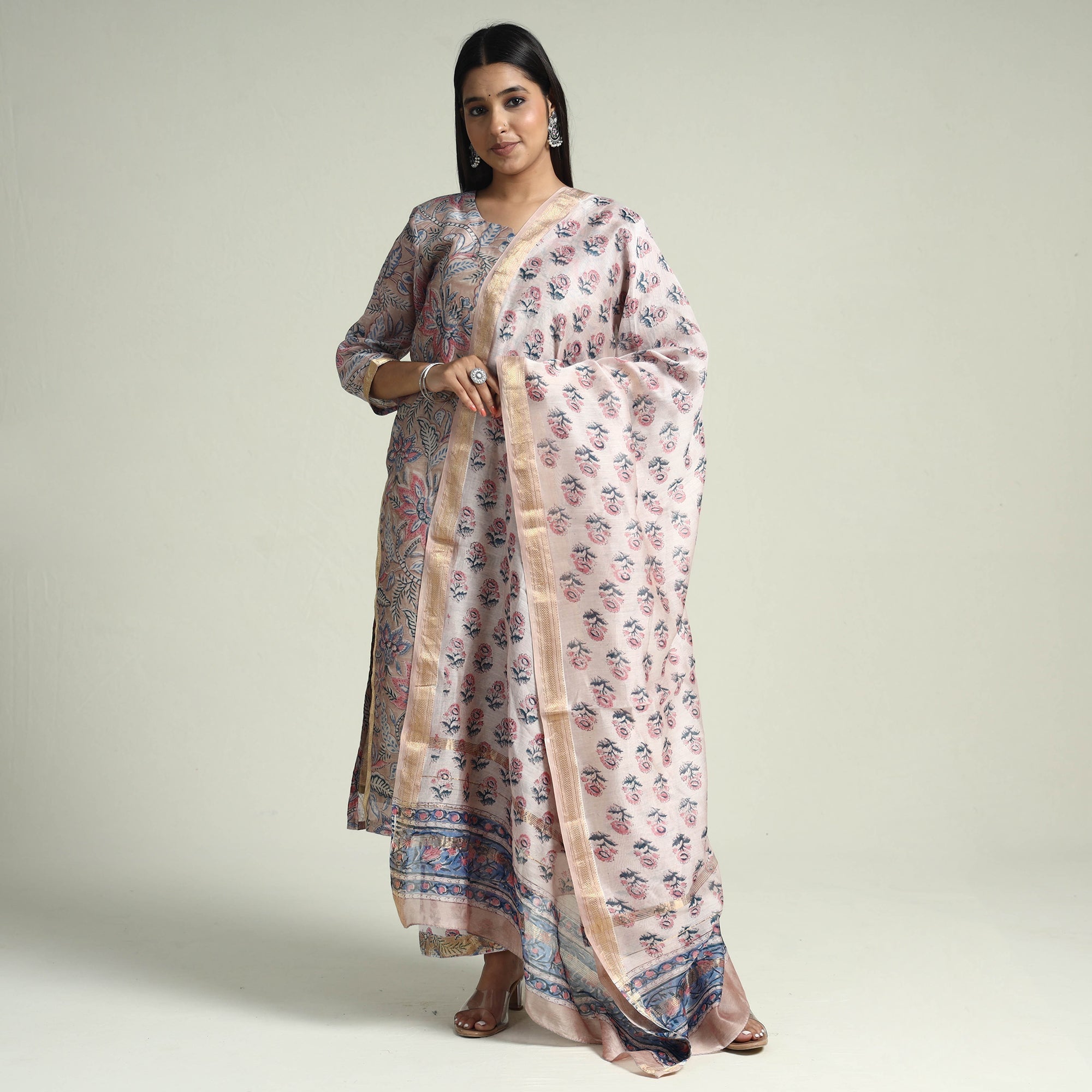 ITOKRI CASUALS Brown - Sanganeri Block Printed Maheshwari Silk Kurta with Palazzo & Dupatta Set