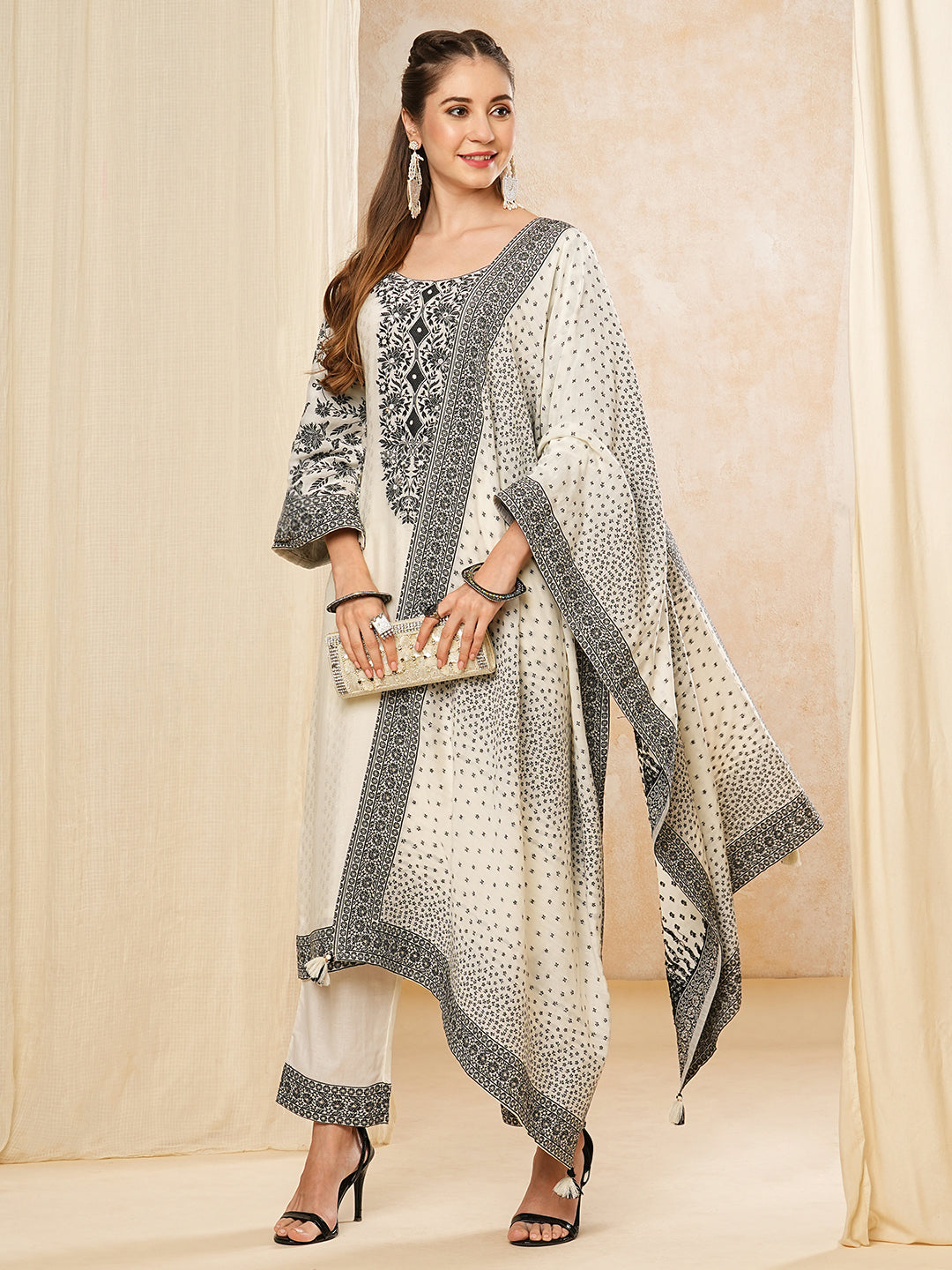 Fashor Floral Woven & Embroidered Straight Kurta with Pant & Dupatta - Off White