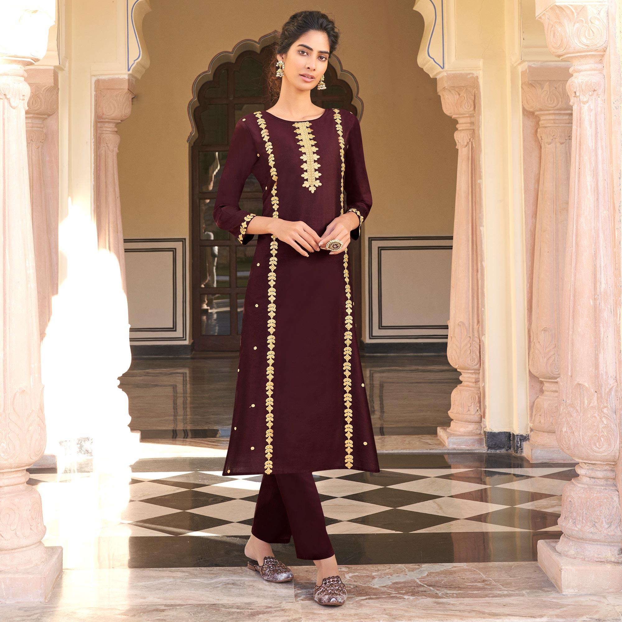 Peachmode Seller Brown Casual Wear Embroidered Pure Viscose Santoon Pallazo Suit