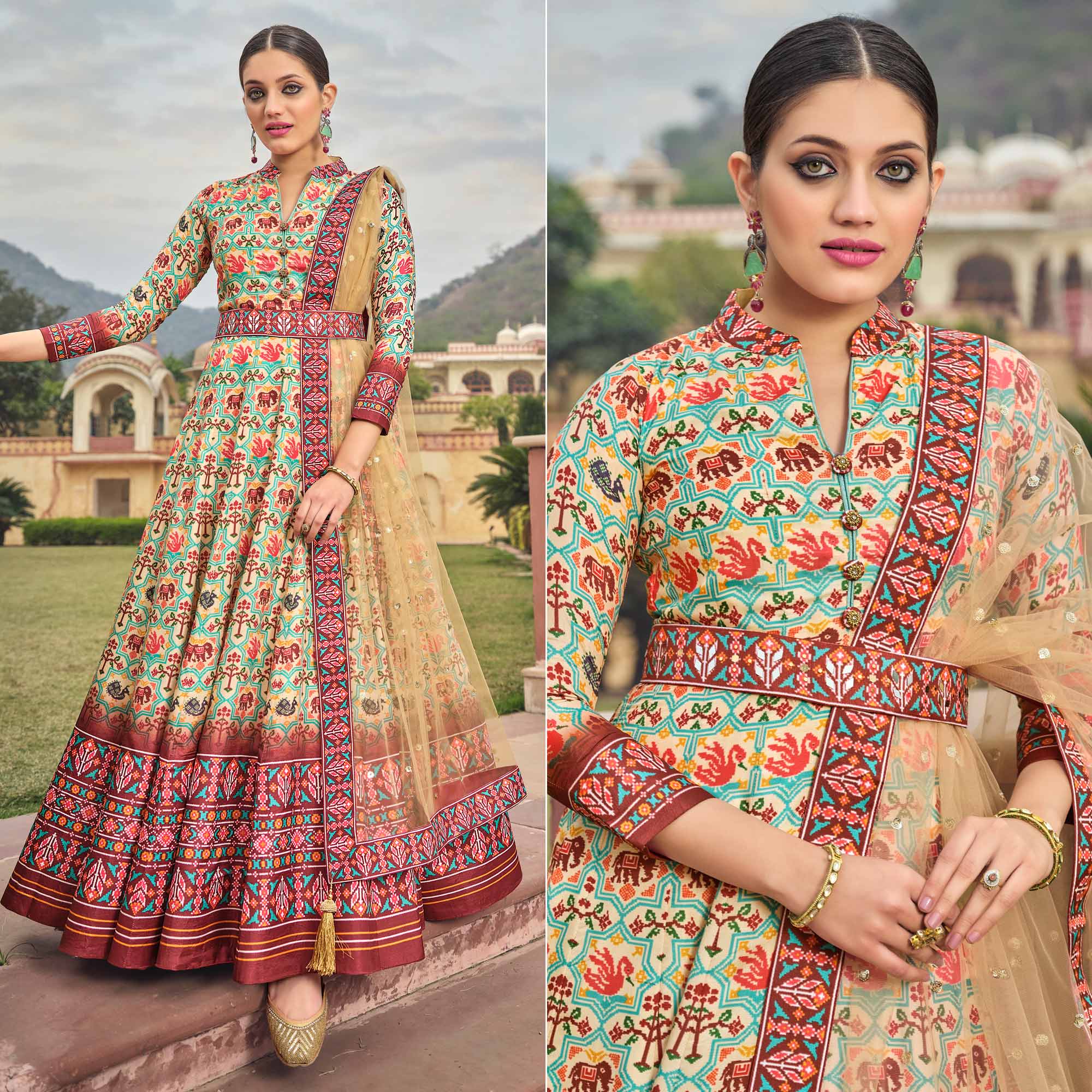Peachmode Seller Cream & Blue Patola Digital Printed Dola Silk Gown