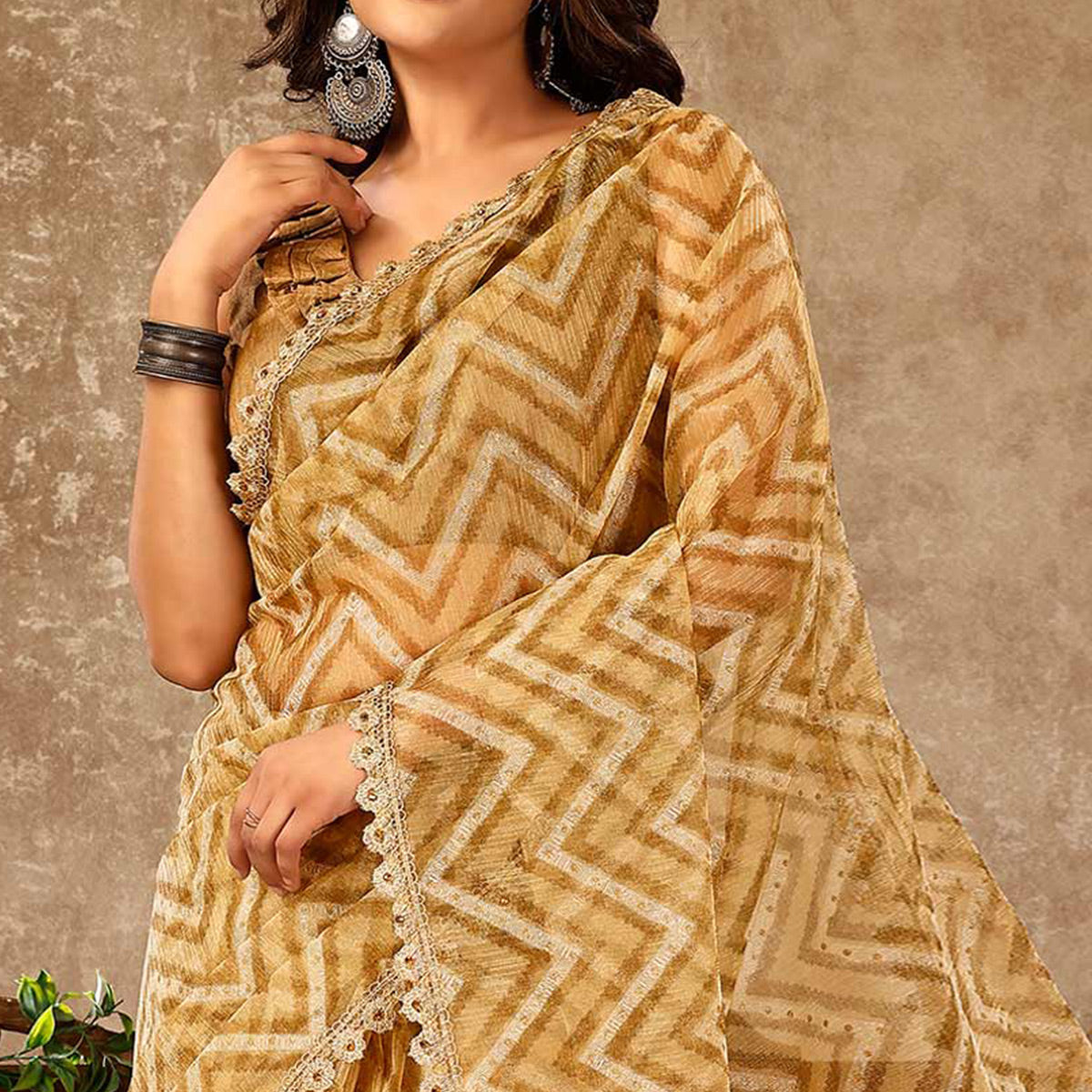 Peachmode Seller Chikoo Zig Zag Printed With Stone Work Organza Ready To Wear Saree - view 3
