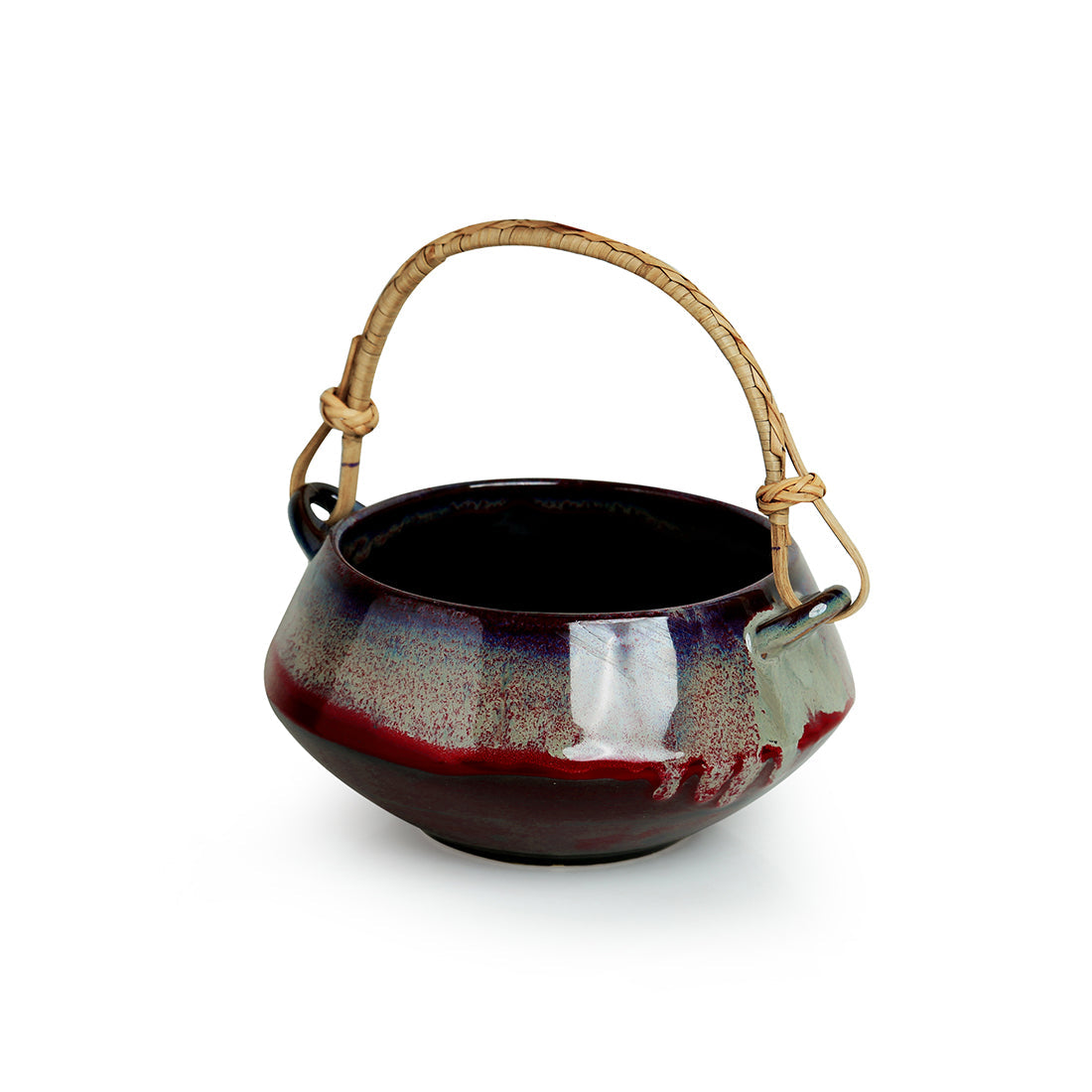 EXCLUSIVELANE 'Sorcery Pot' Hand Glazed Studio Pottery Ceramic Serving Handi With Cane Handle - view 2