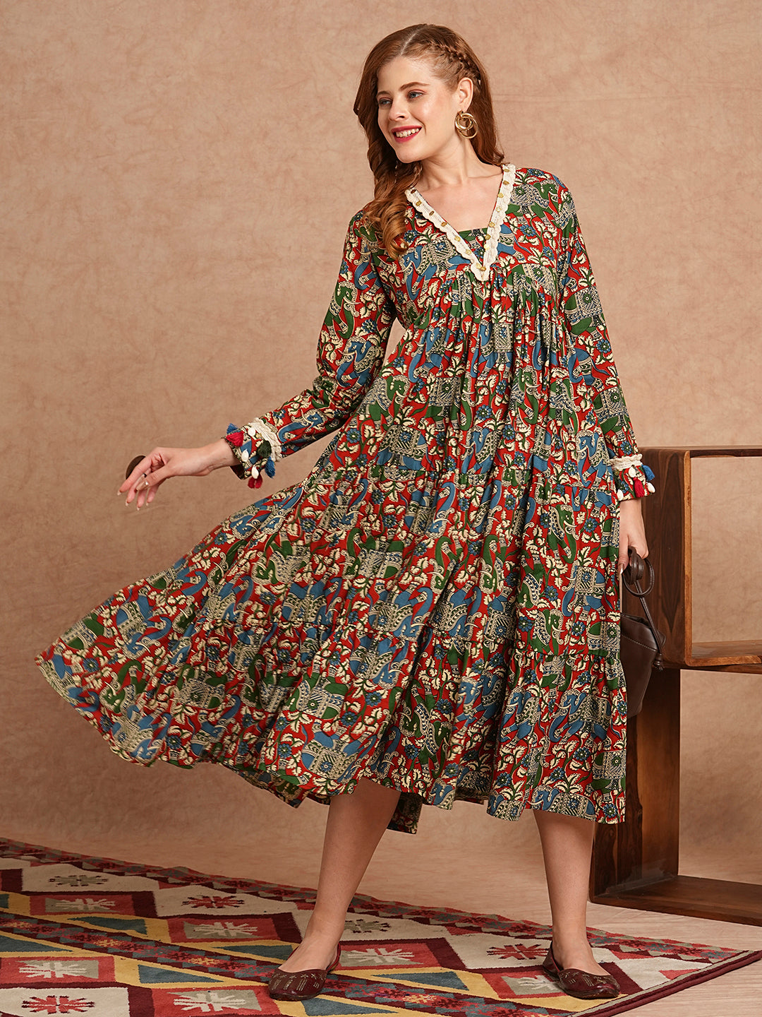 FASHOR Ethnic Animal Printed Embroidered A-Line Pleated Tiered Flared Midi Dress - Multi - view 2