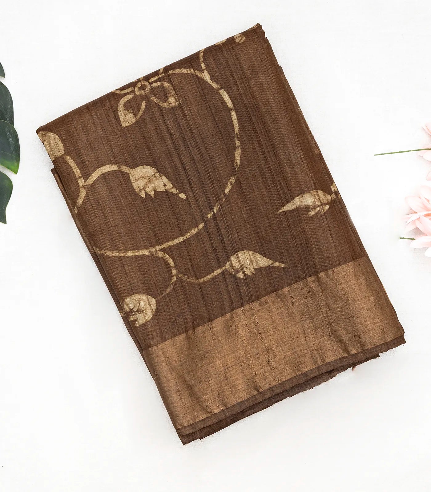 RmKV Dark Olive Handloom Tussar Silk Saree With Printed Vine Motifs-Dark Olive