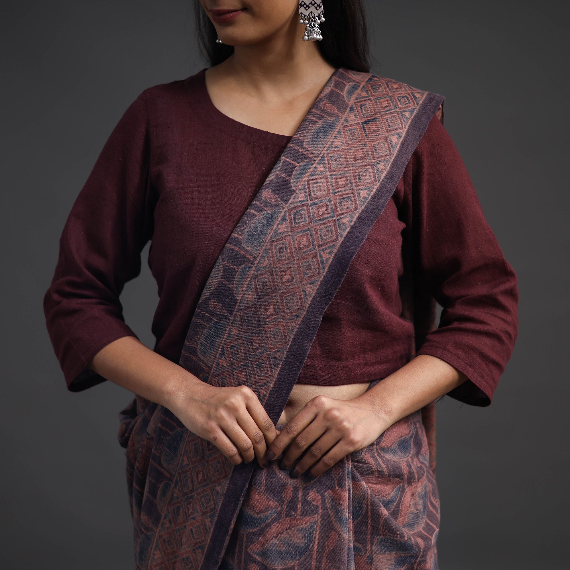AJRAKH BY JABBAR KHATRI Brown - Merino Wool Block Print Ajrakh Saree with Tassels 06 - view 5