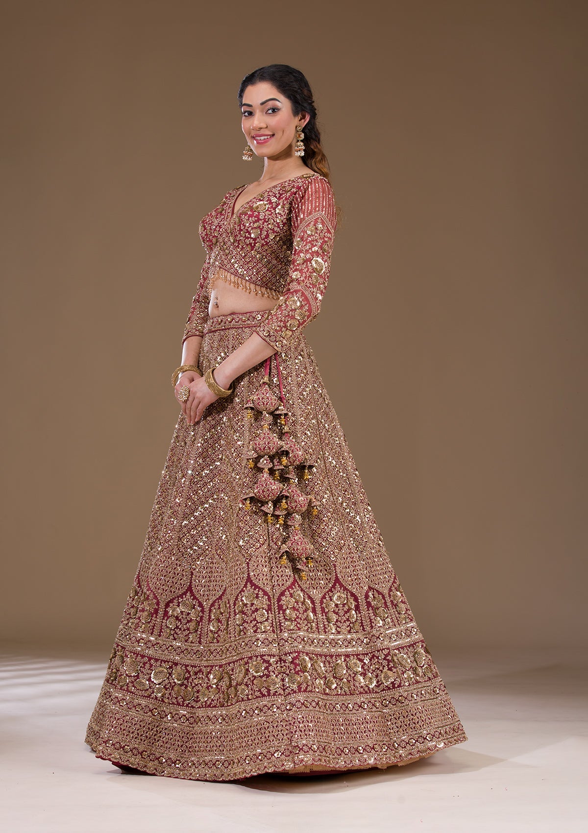 Koskii Light Brown Sequins Net Readymade Lehenga - view 5